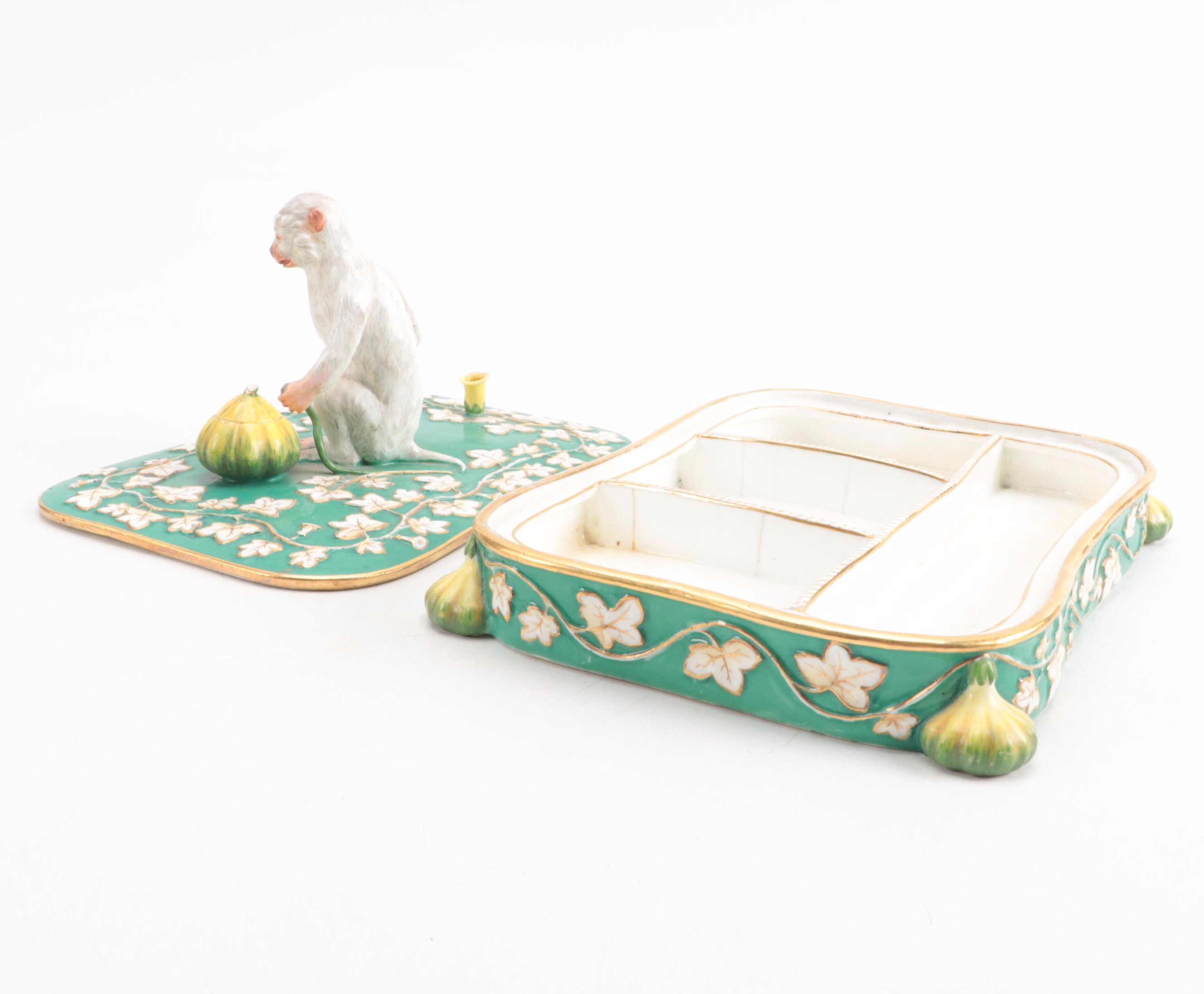 Royal Worcester Bone China Yellow Canary Figures with Monkey Motif Porcelain Box