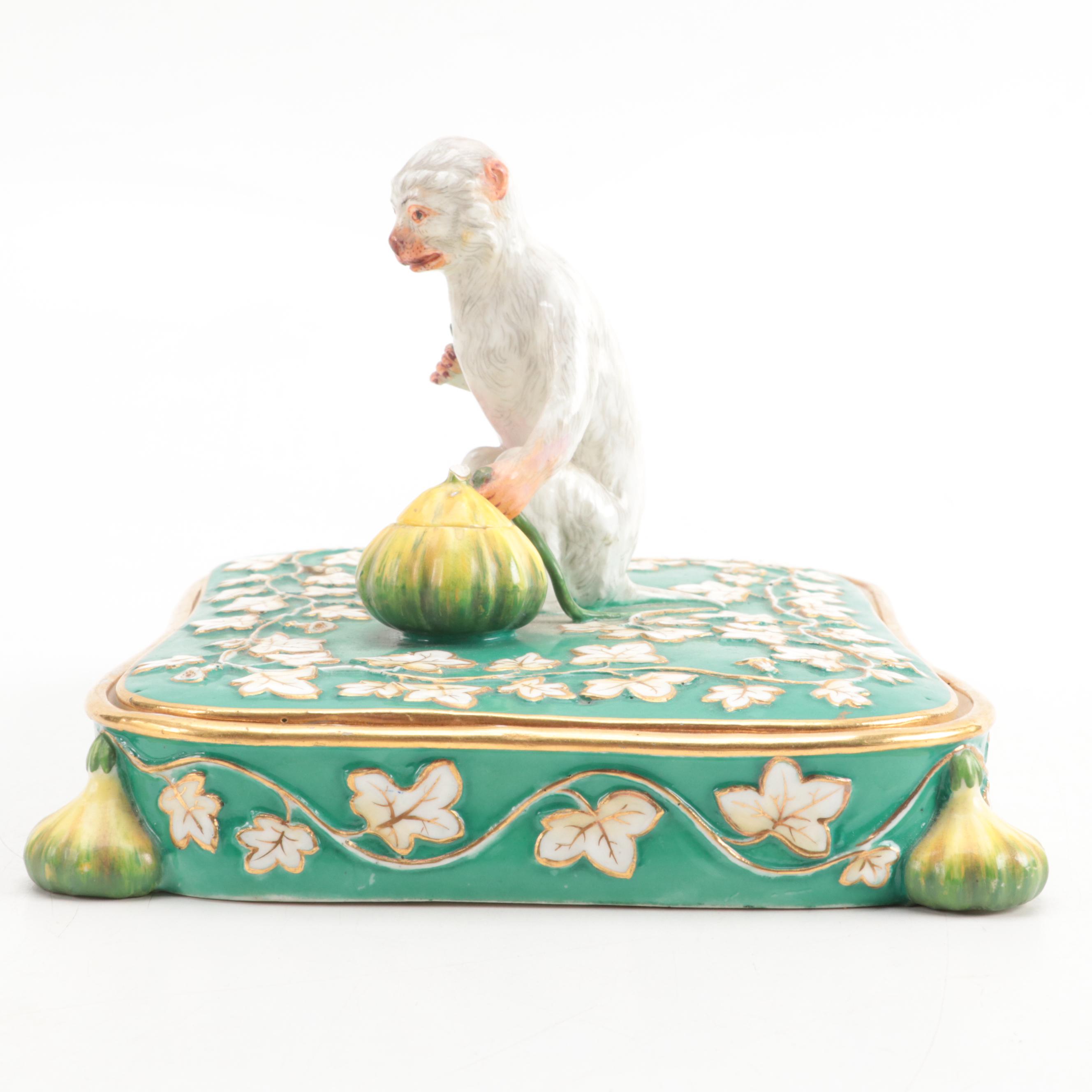 Royal Worcester Bone China Yellow Canary Figures with Monkey Motif Porcelain Box