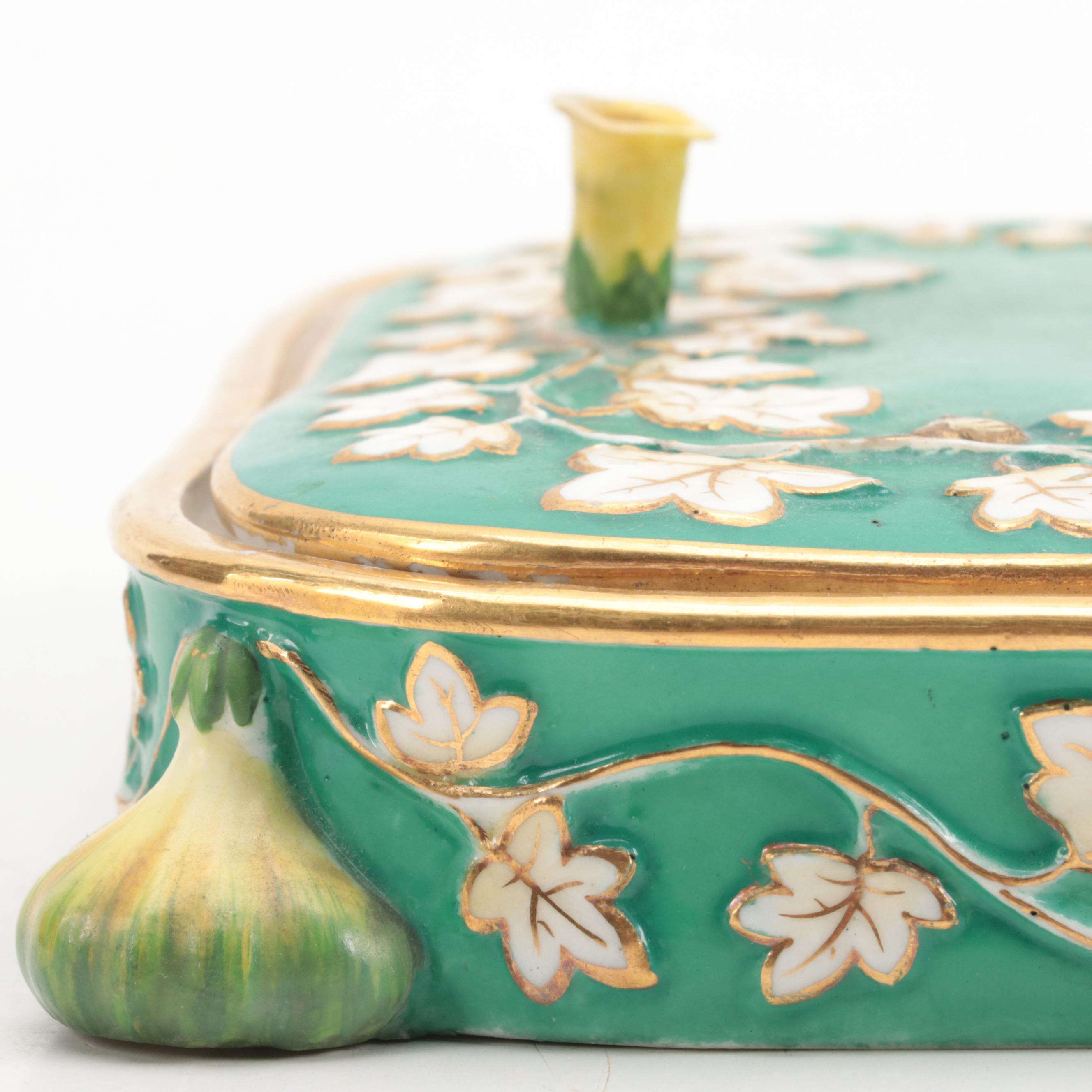 Royal Worcester Bone China Yellow Canary Figures with Monkey Motif Porcelain Box