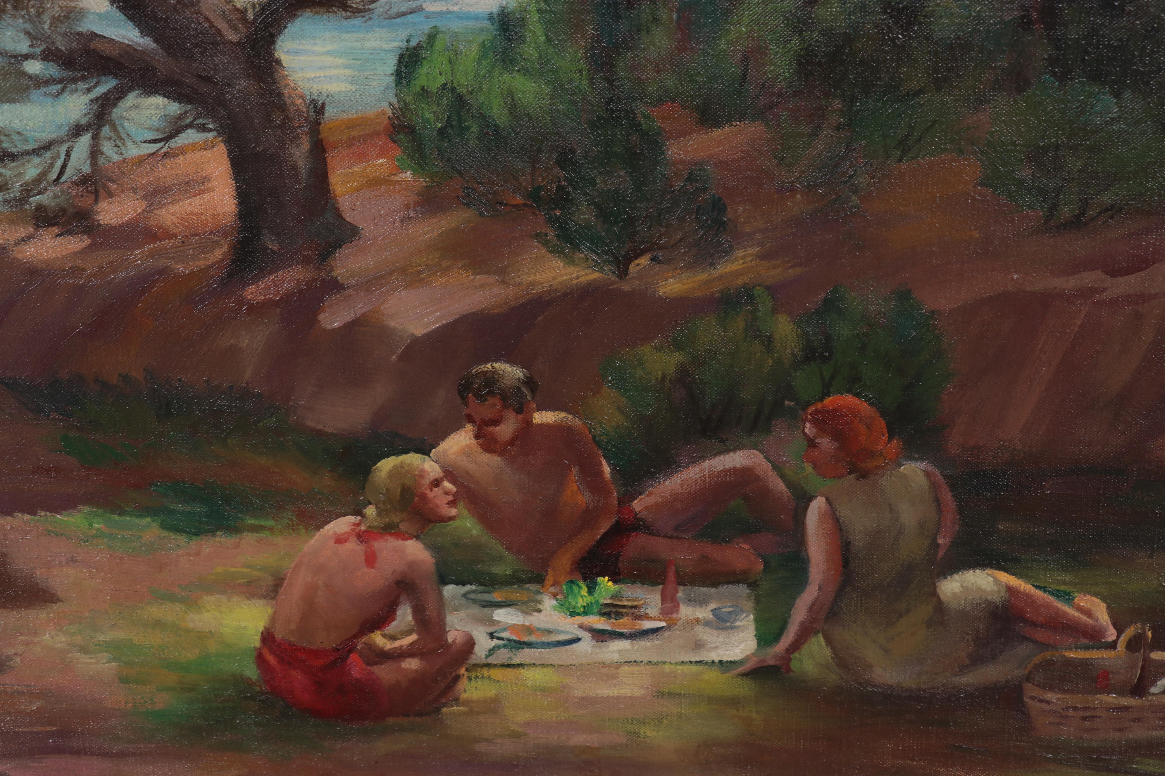 Arthur Louis Helwig Oil Painting "Picnic," Mid-20th Century