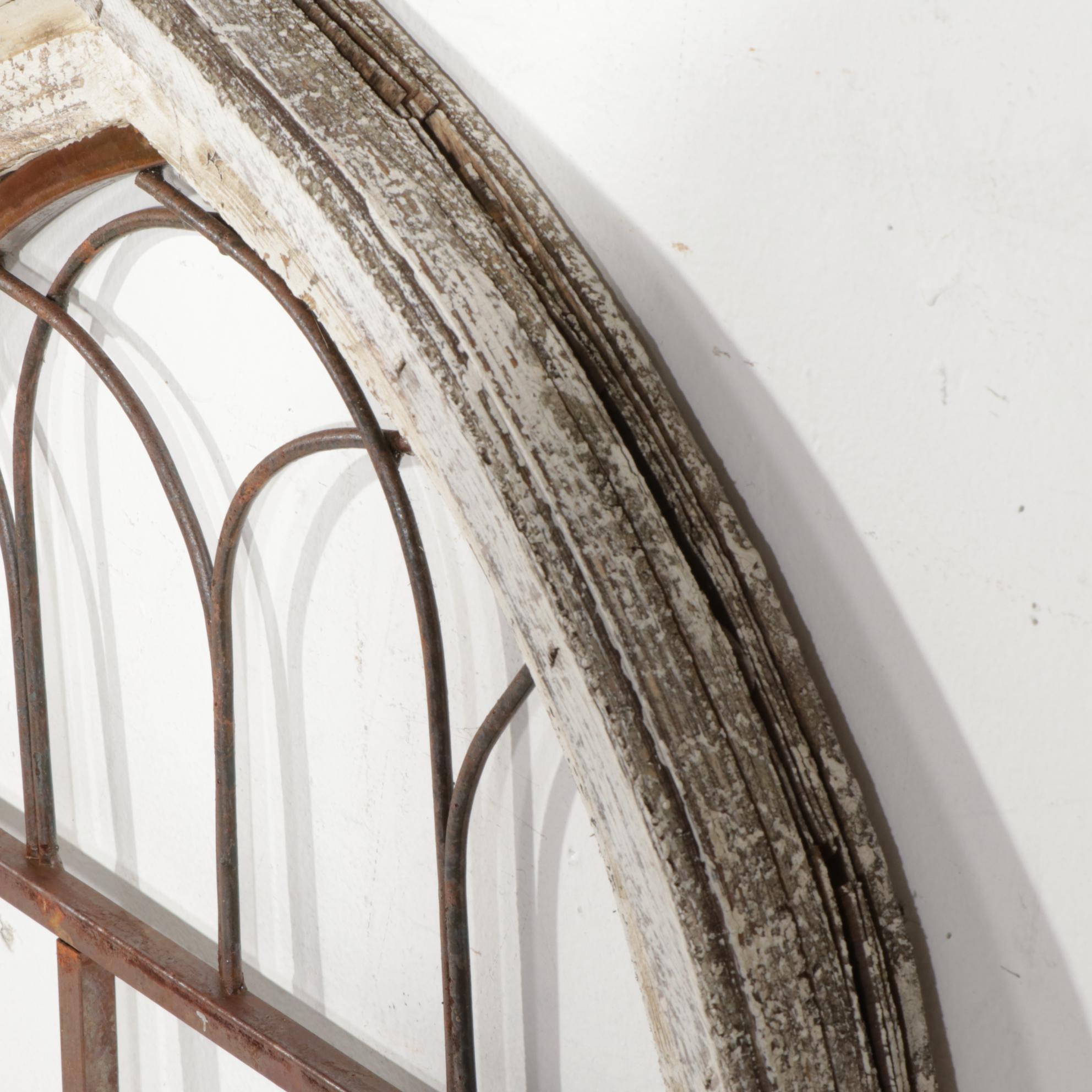 Gothic-Arched Window Form Outdoor Wood and Iron Wall Trellis, 21st Century