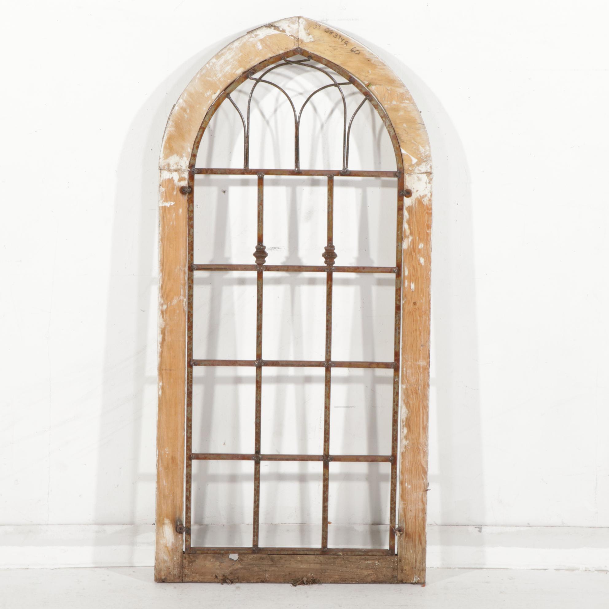 Gothic-Arched Window Form Outdoor Wood and Iron Wall Trellis, 21st Century