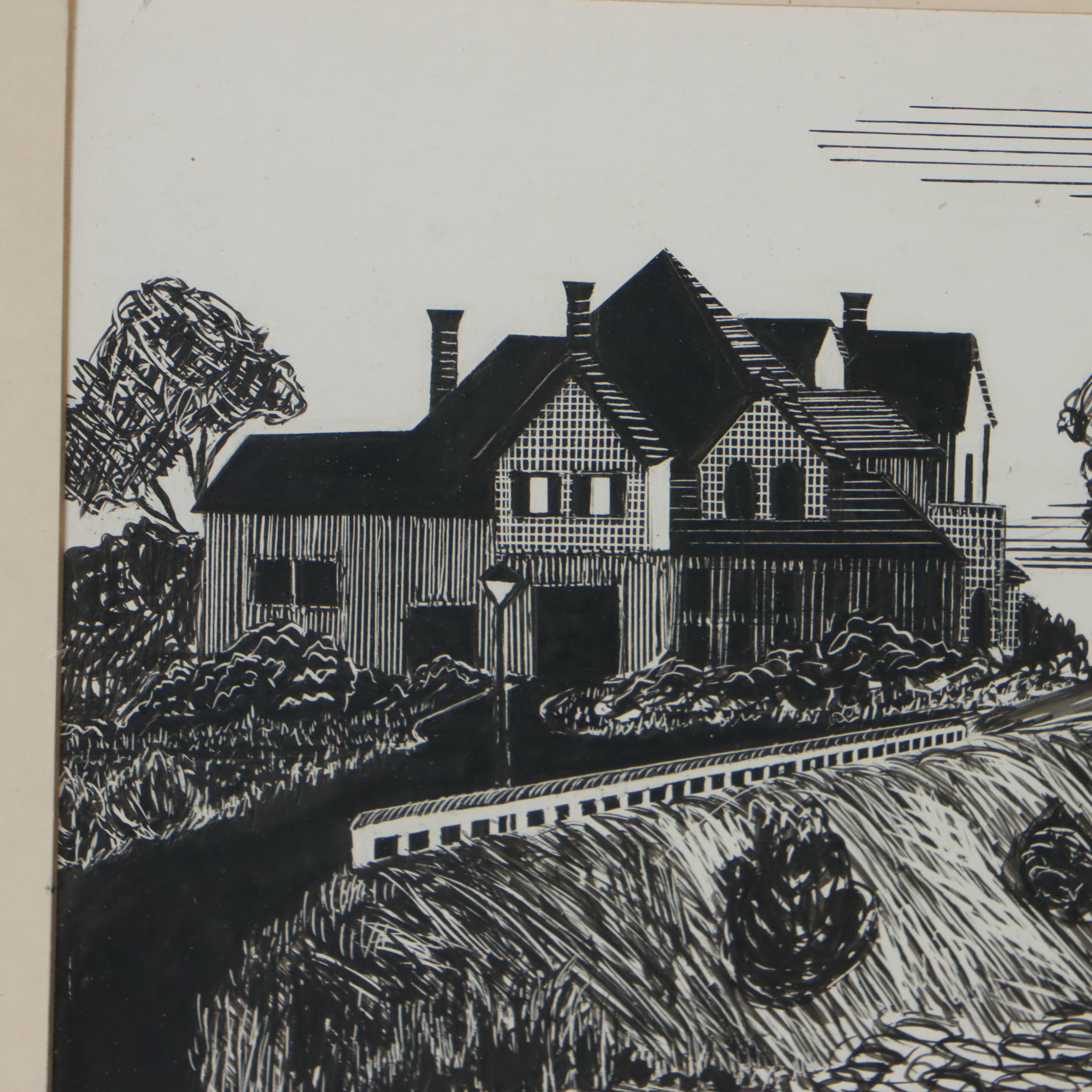 Ink on Scratchboard Drawing of Home in Coastal Landscape