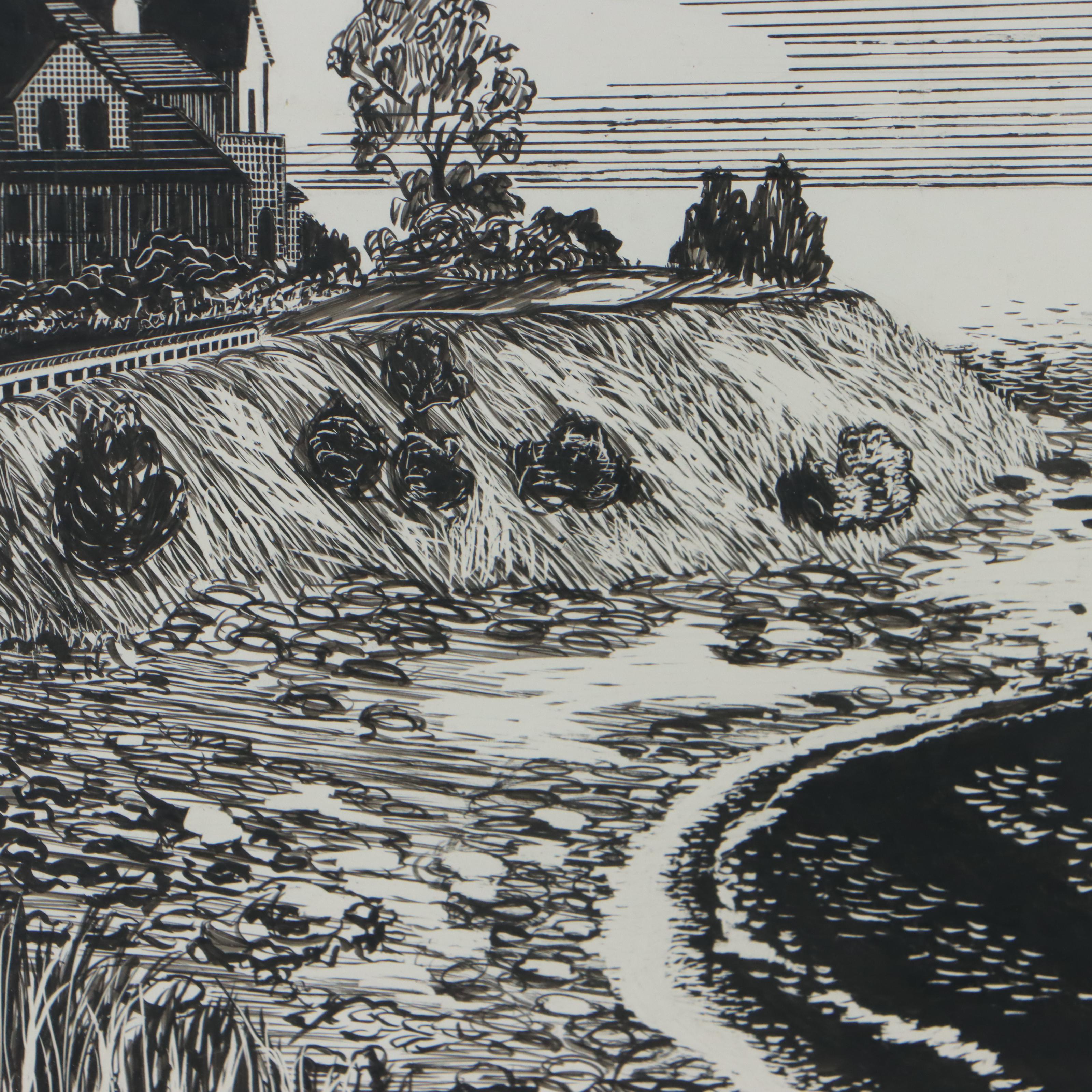 Ink on Scratchboard Drawing of Home in Coastal Landscape