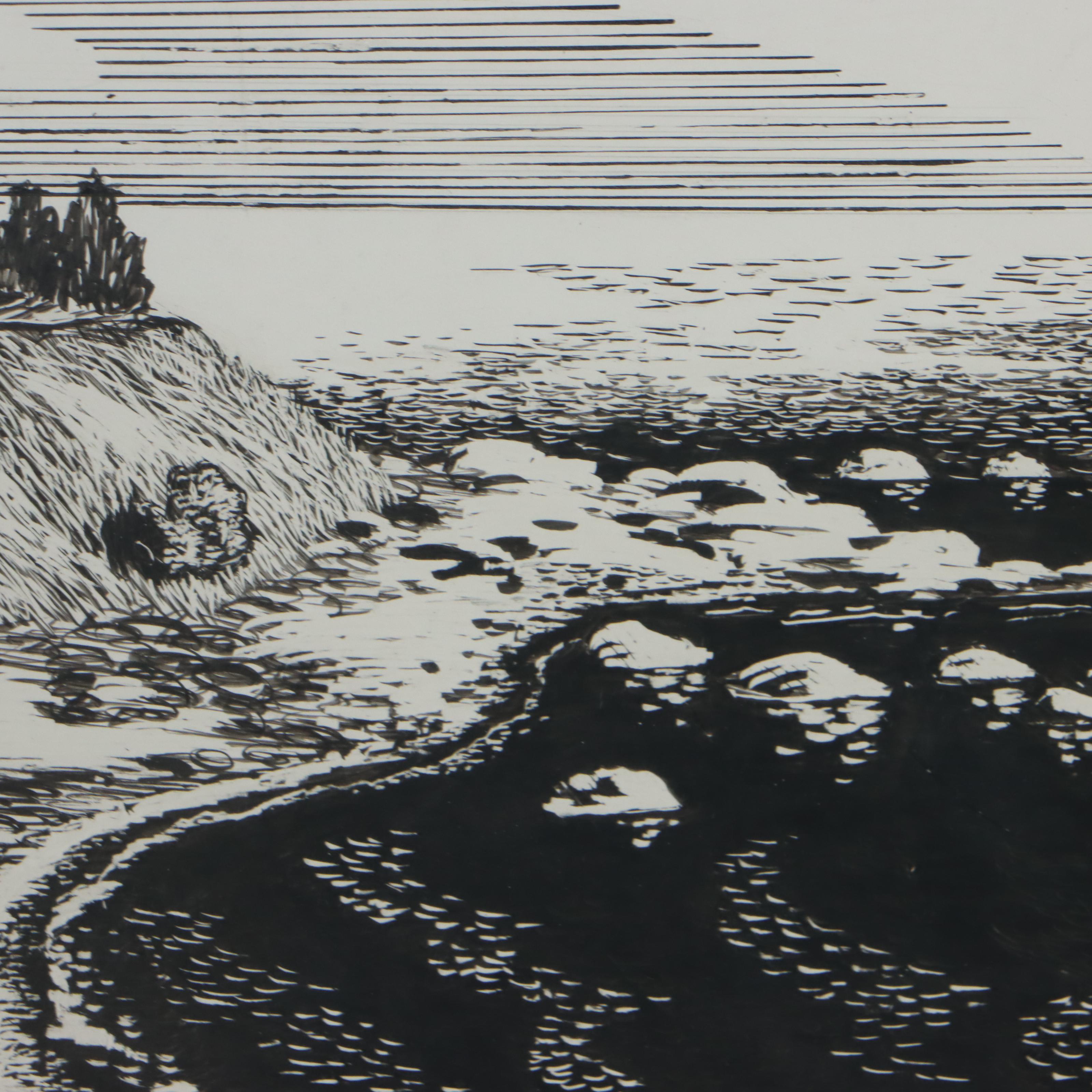 Ink on Scratchboard Drawing of Home in Coastal Landscape