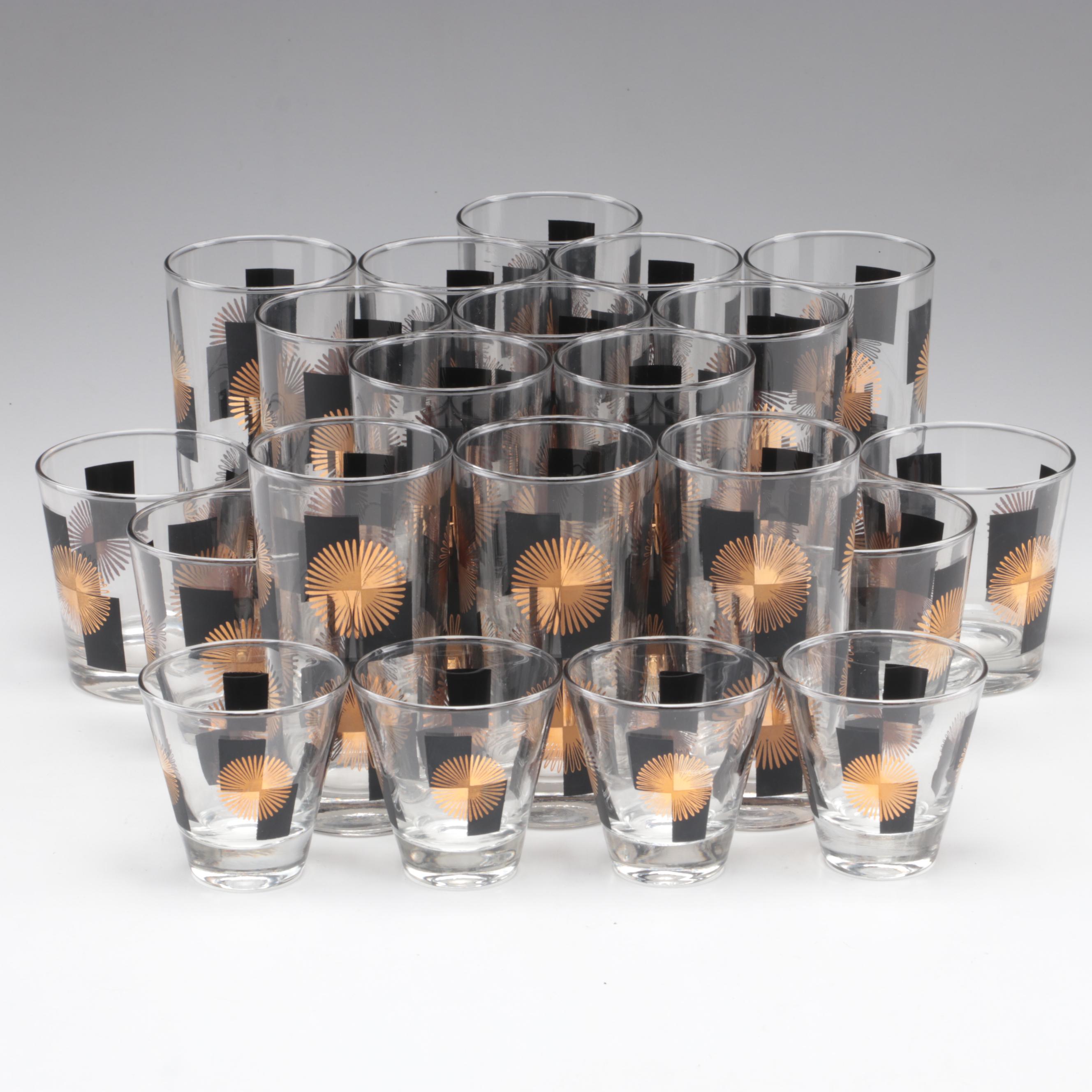 Mid-Century Modern Black and Gold Tumblers, Shot Glasses, and Rocks Glasses