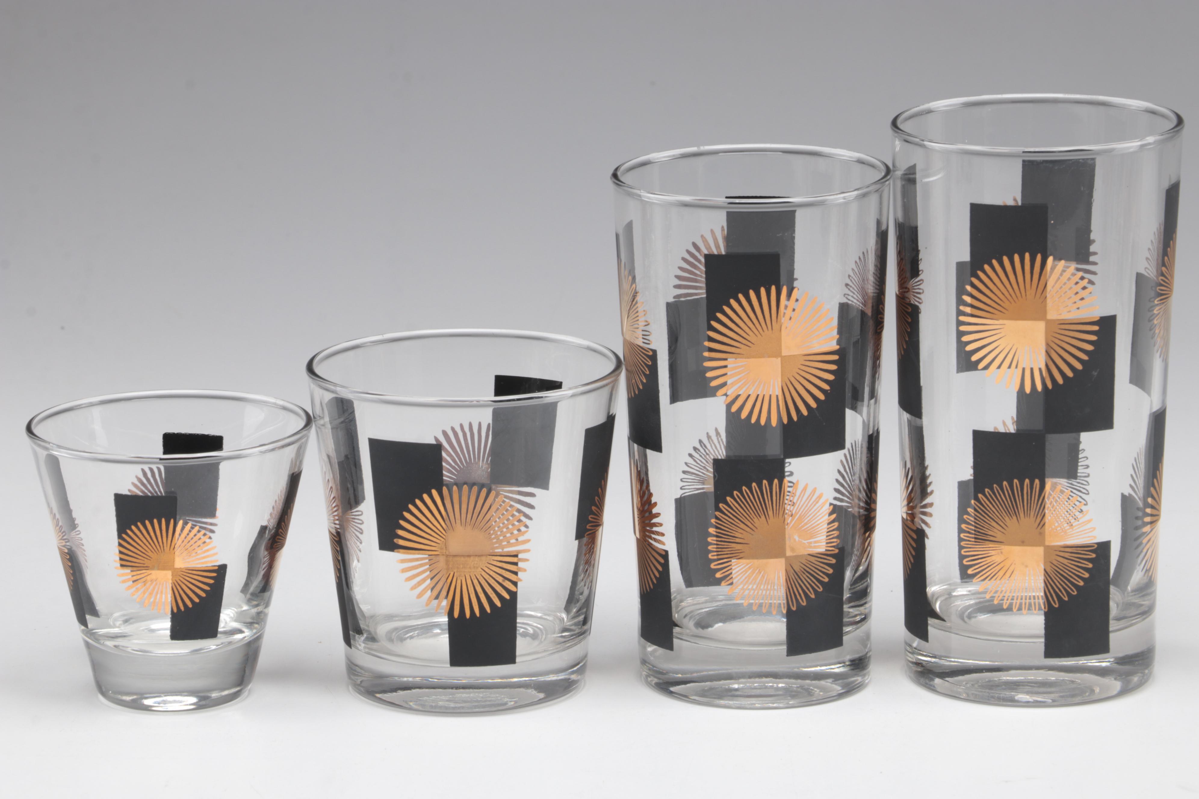 Mid-Century Modern Black and Gold Tumblers, Shot Glasses, and Rocks Glasses
