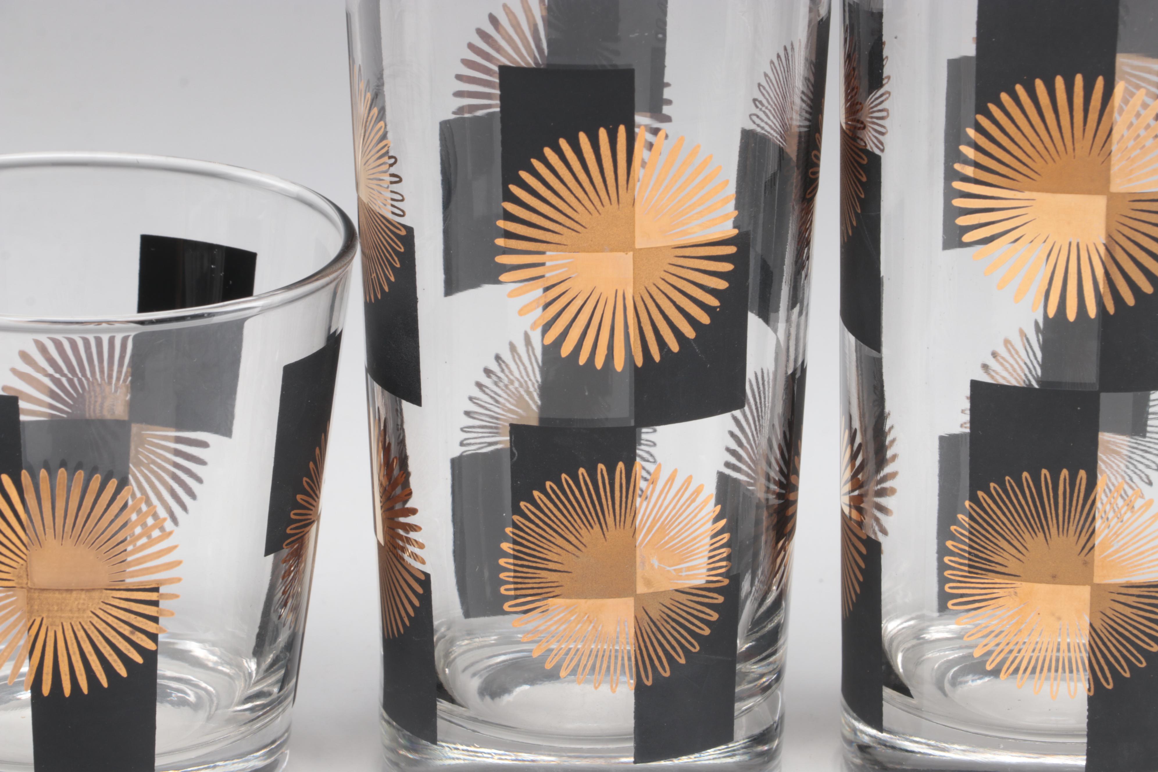 Mid-Century Modern Black and Gold Tumblers, Shot Glasses, and Rocks Glasses