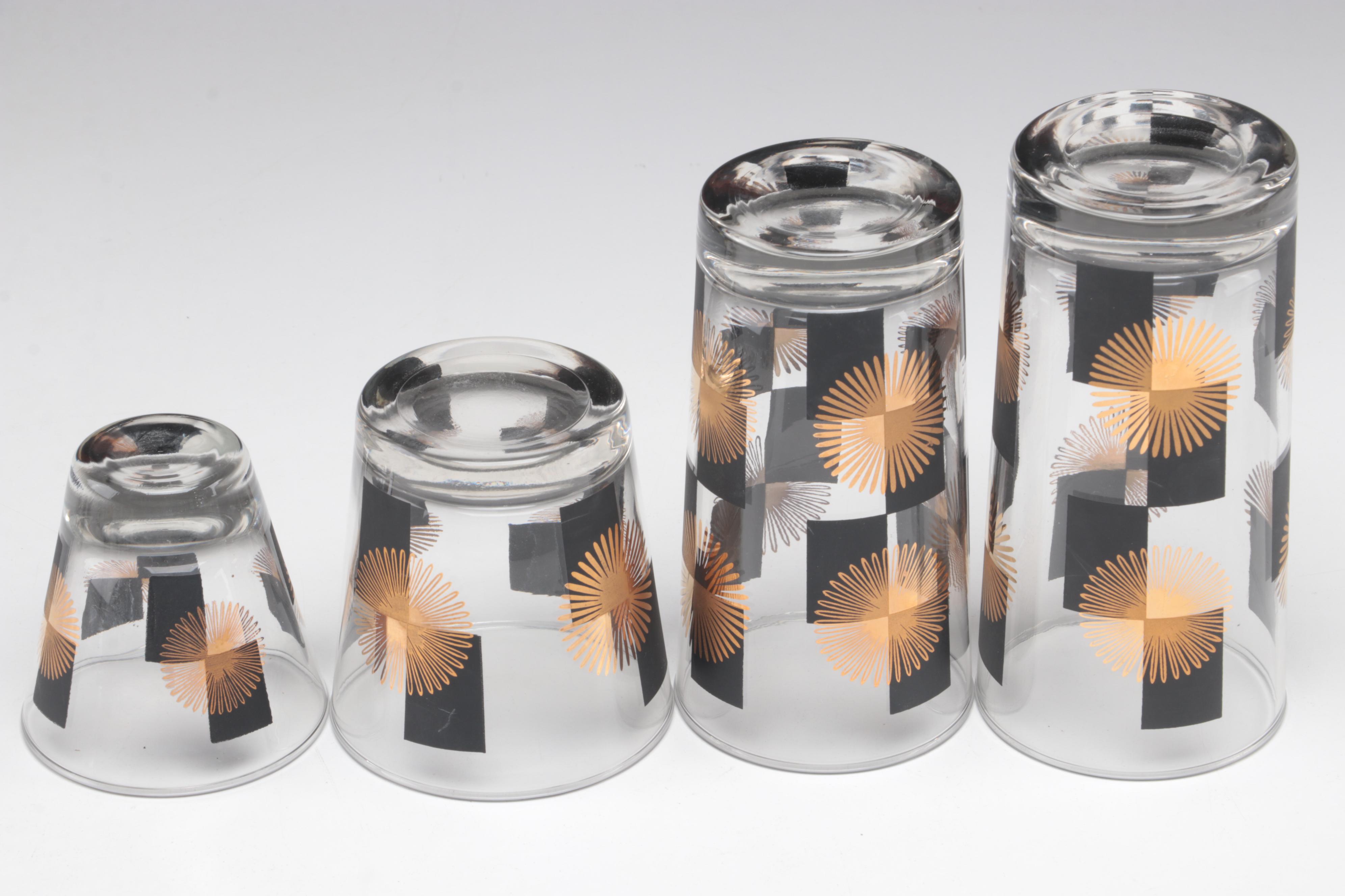 Mid-Century Modern Black and Gold Tumblers, Shot Glasses, and Rocks Glasses