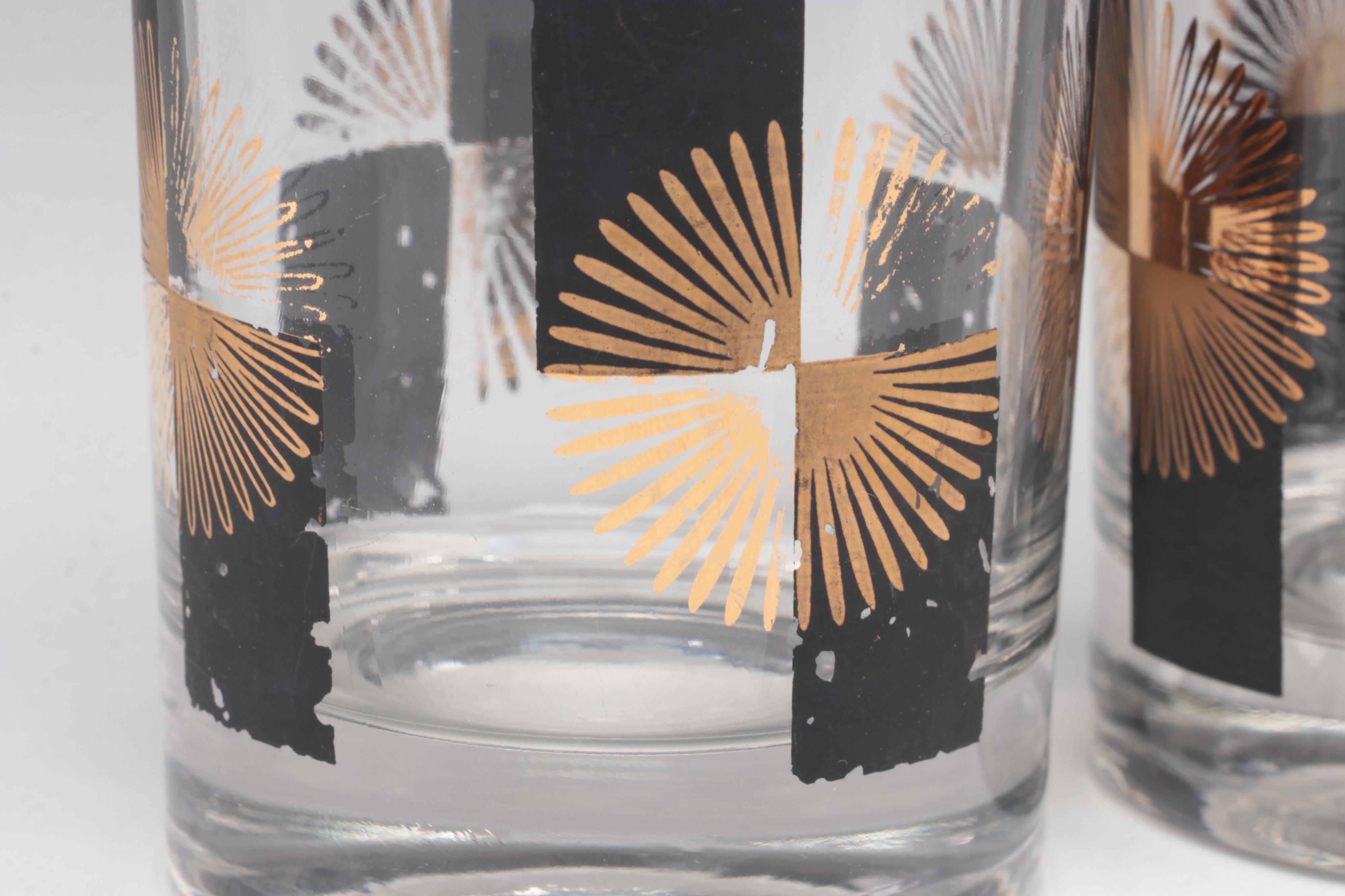 Mid-Century Modern Black and Gold Tumblers, Shot Glasses, and Rocks Glasses