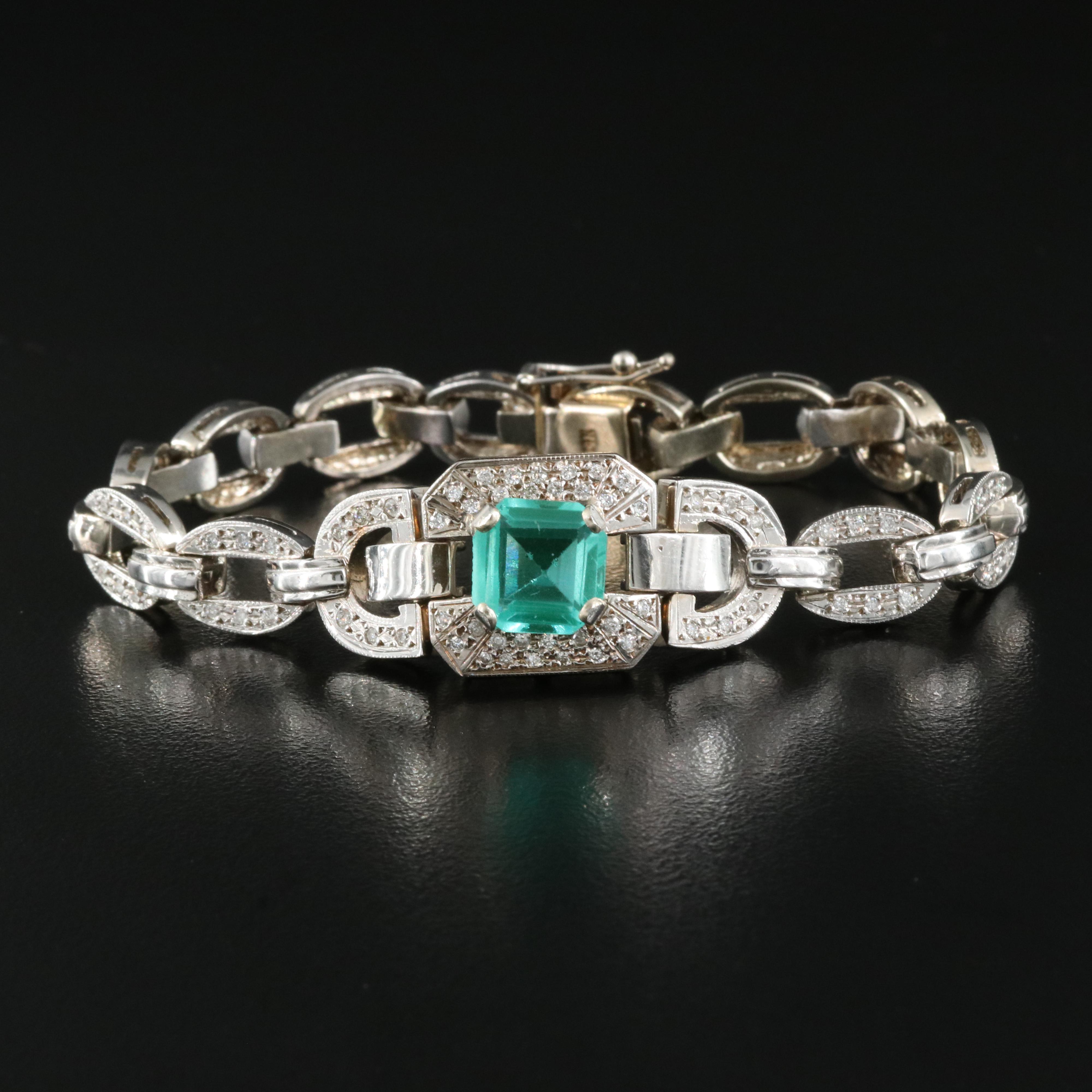 14K Faceted Glass and Diamond Link Bracelet