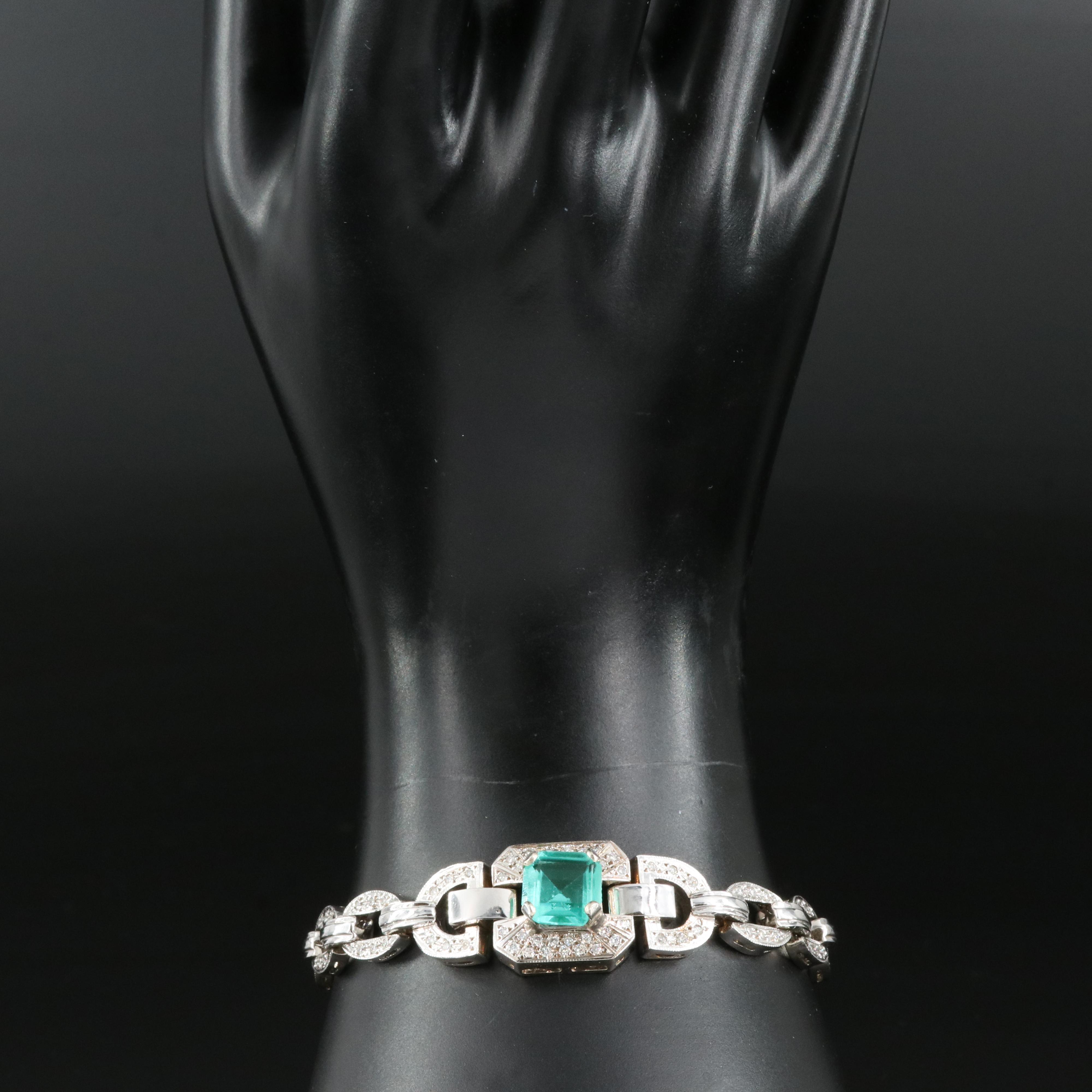 14K Faceted Glass and Diamond Link Bracelet