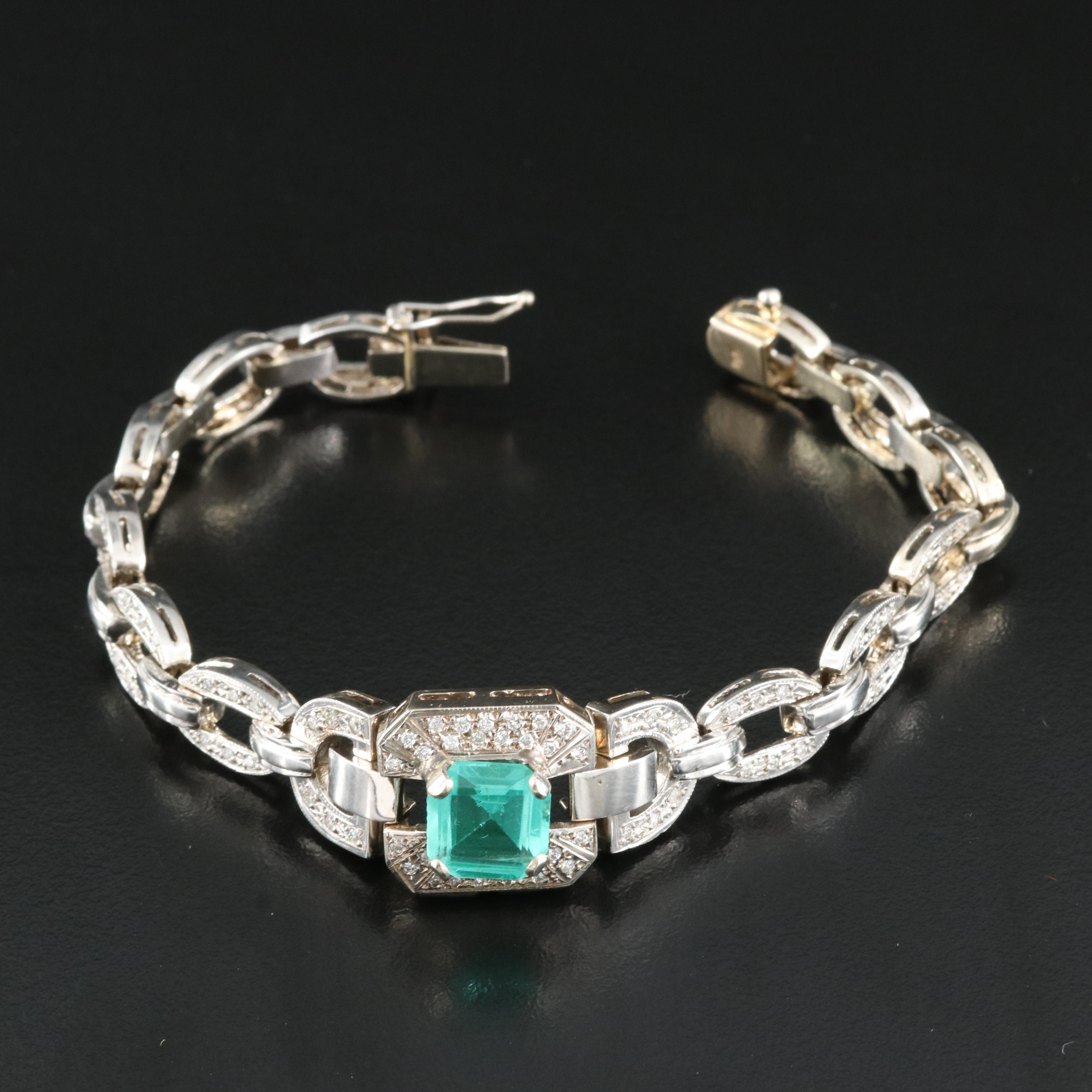 14K Faceted Glass and Diamond Link Bracelet