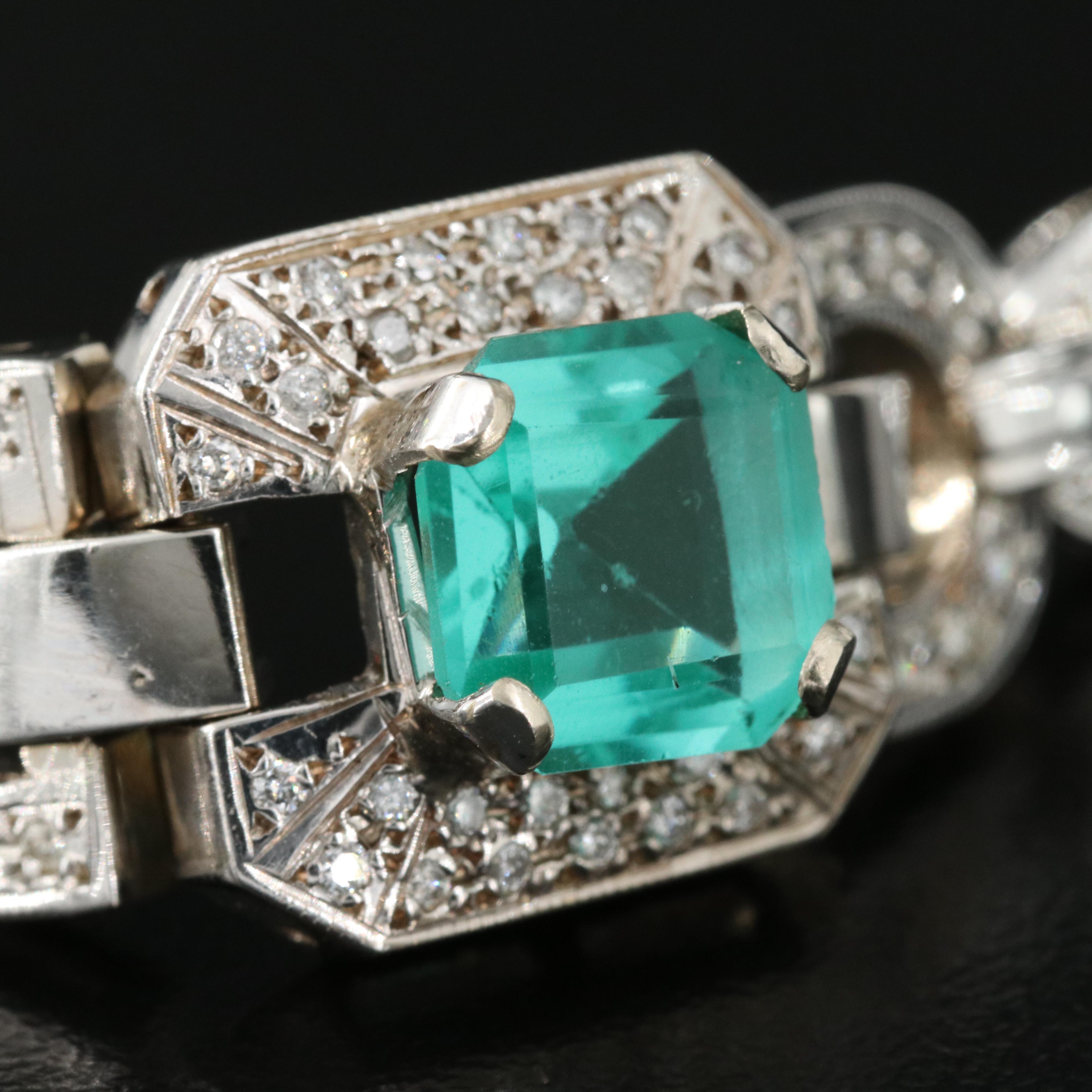 14K Faceted Glass and Diamond Link Bracelet