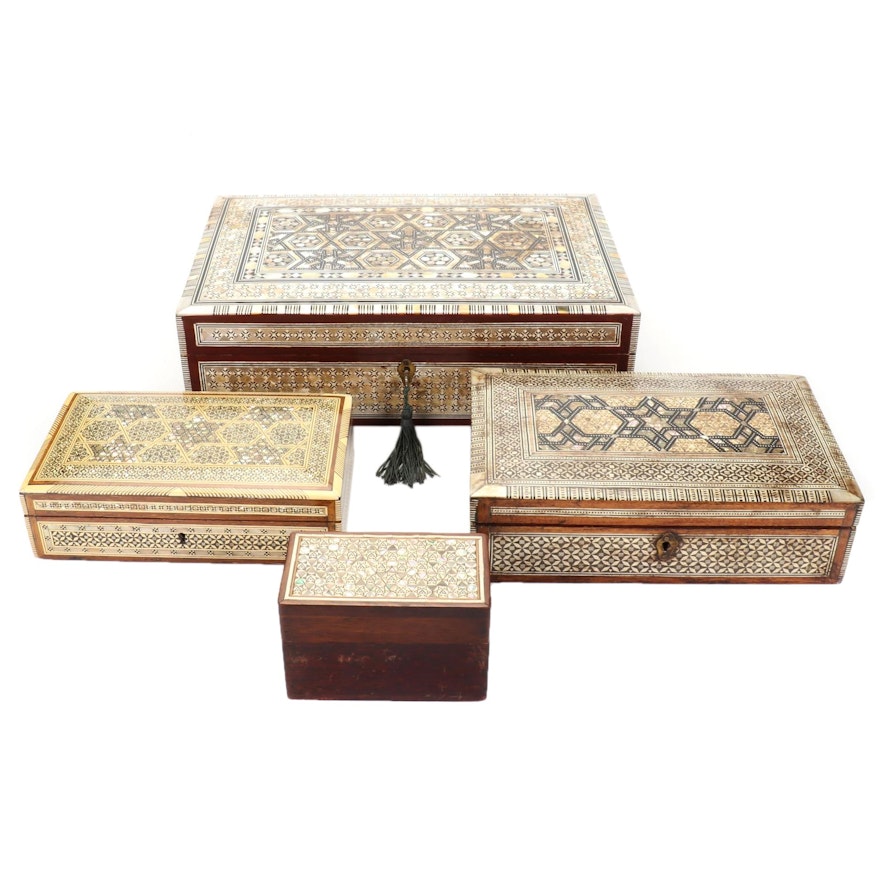Wooden, Abalone, Mother-of-Pearl Mosaic Inlaid Jewelry and Treasure Boxes