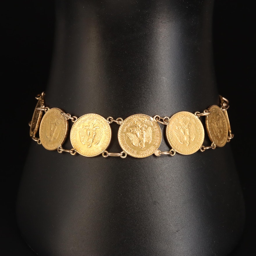 14K Panel Bracelet with Twelve Mexican Dos Pesos Gold Coins