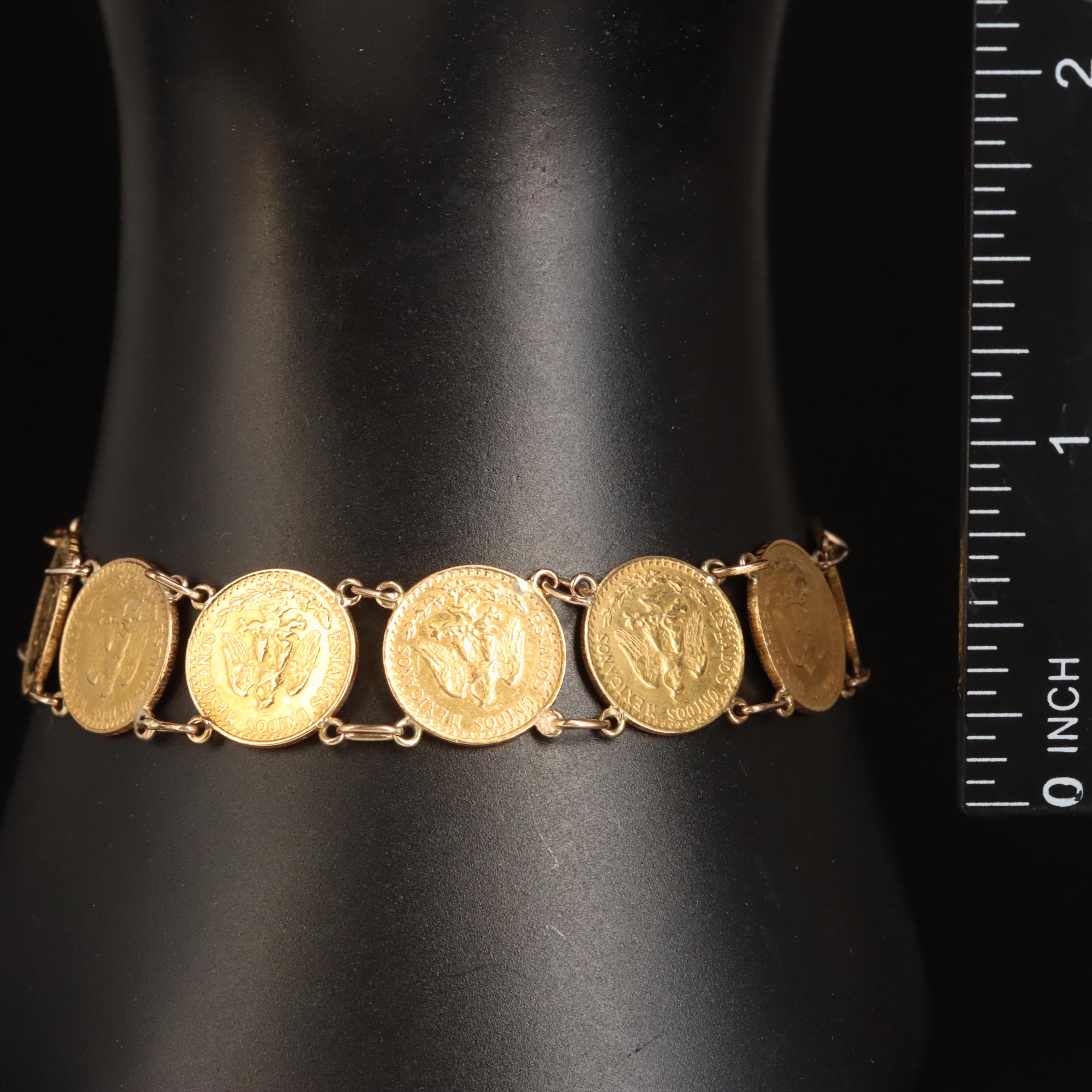14K Panel Bracelet with Twelve Mexican Dos Pesos Gold Coins