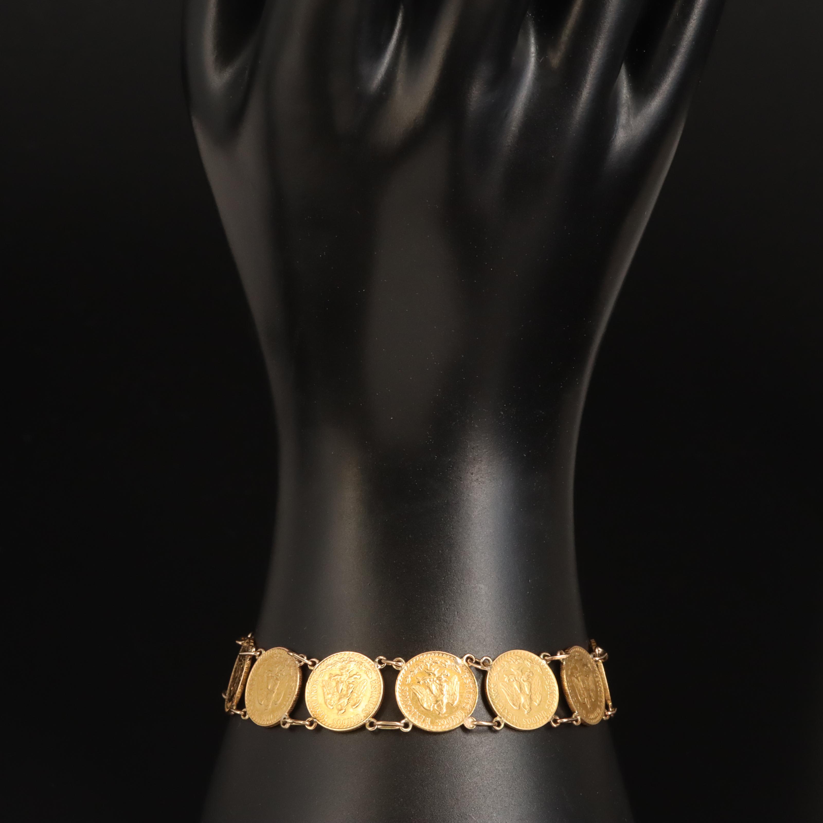 14K Panel Bracelet with Twelve Mexican Dos Pesos Gold Coins