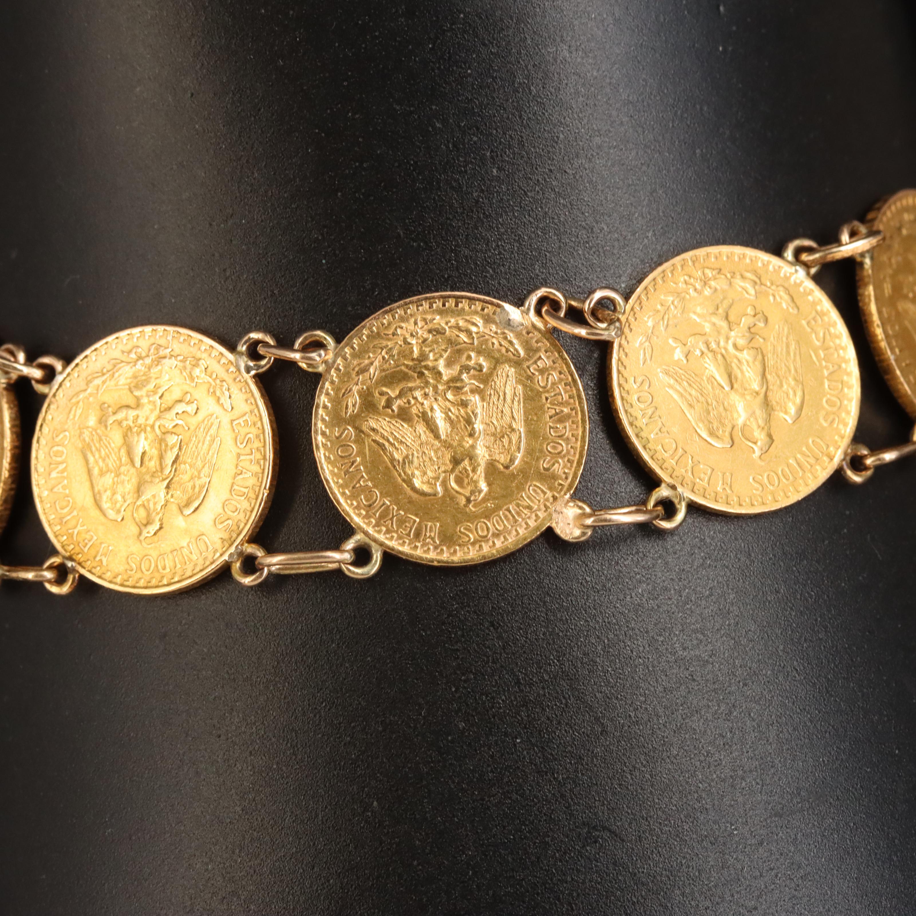 14K Panel Bracelet with Twelve Mexican Dos Pesos Gold Coins
