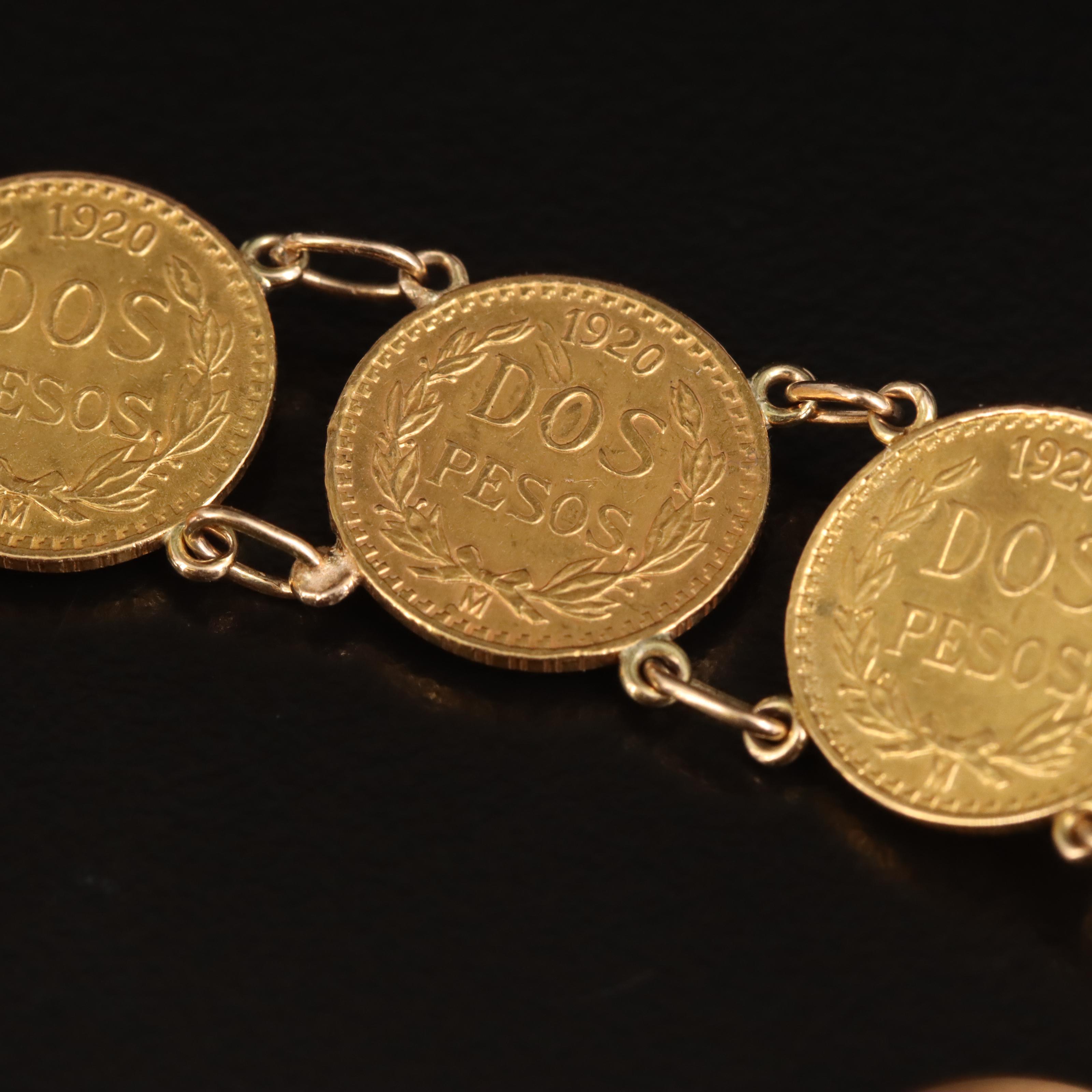 14K Panel Bracelet with Twelve Mexican Dos Pesos Gold Coins