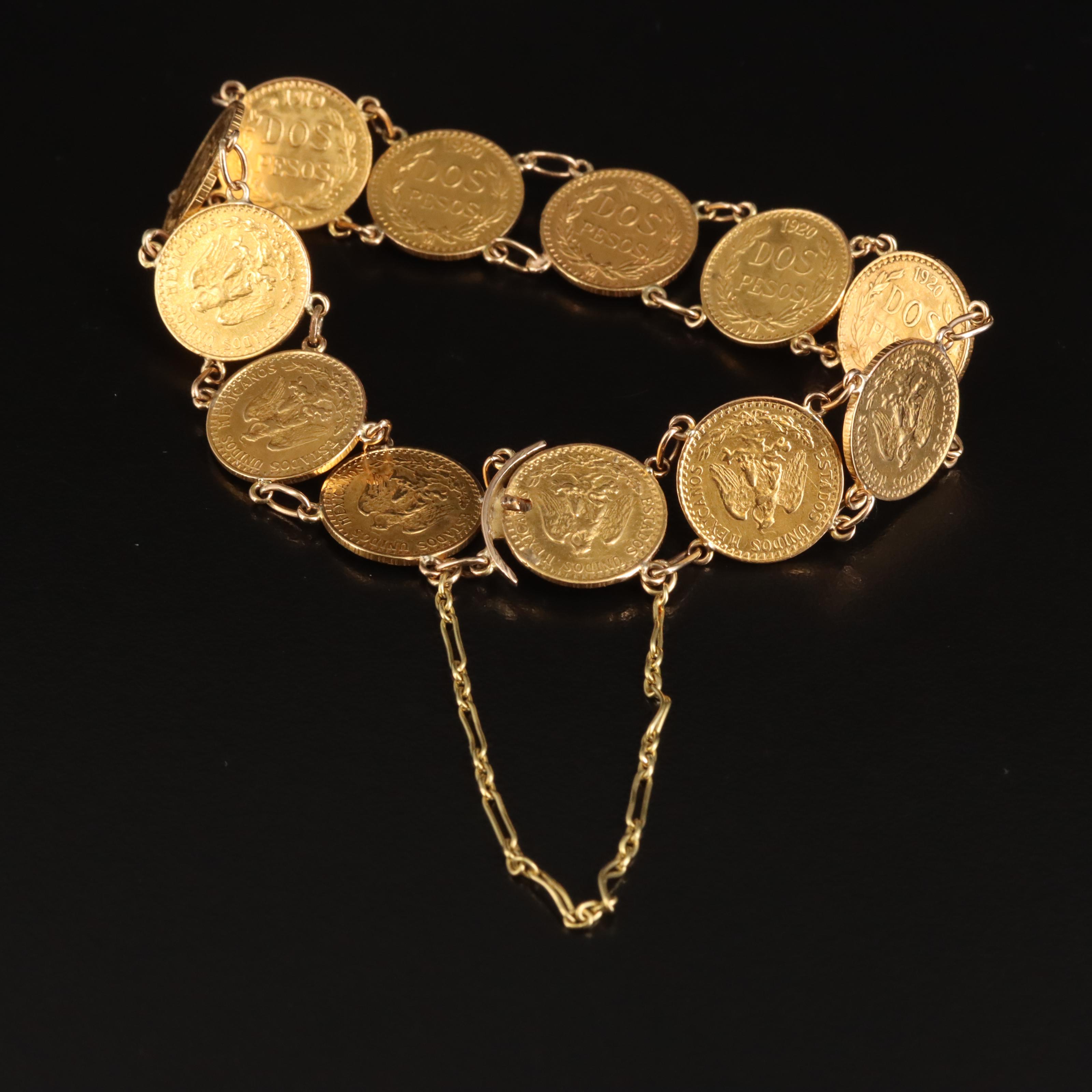 14K Panel Bracelet with Twelve Mexican Dos Pesos Gold Coins