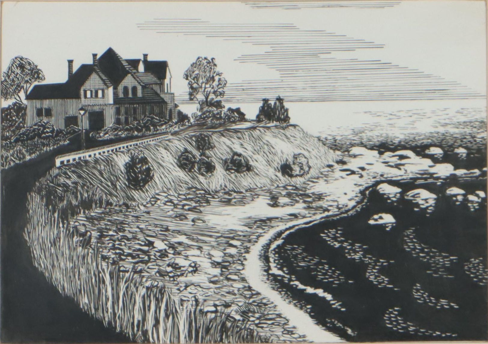 Ink on Scratchboard Drawing of Home in Coastal Landscape