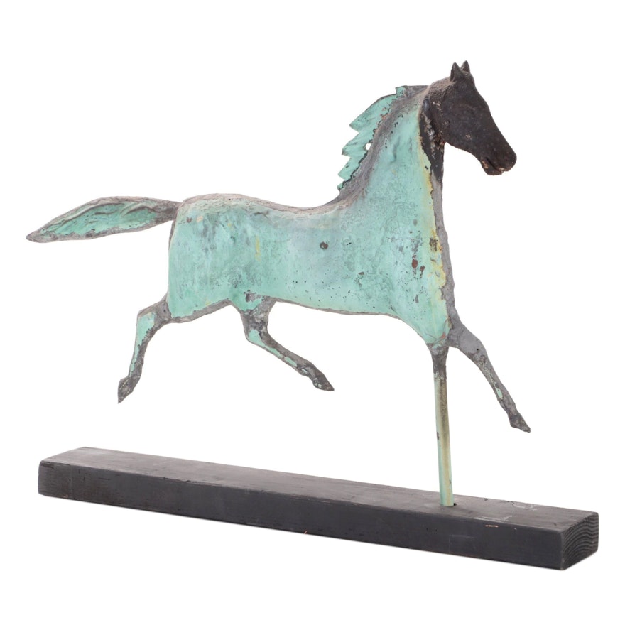 Applied Verdigris and Paint-Decorated Metal Trotting Horse