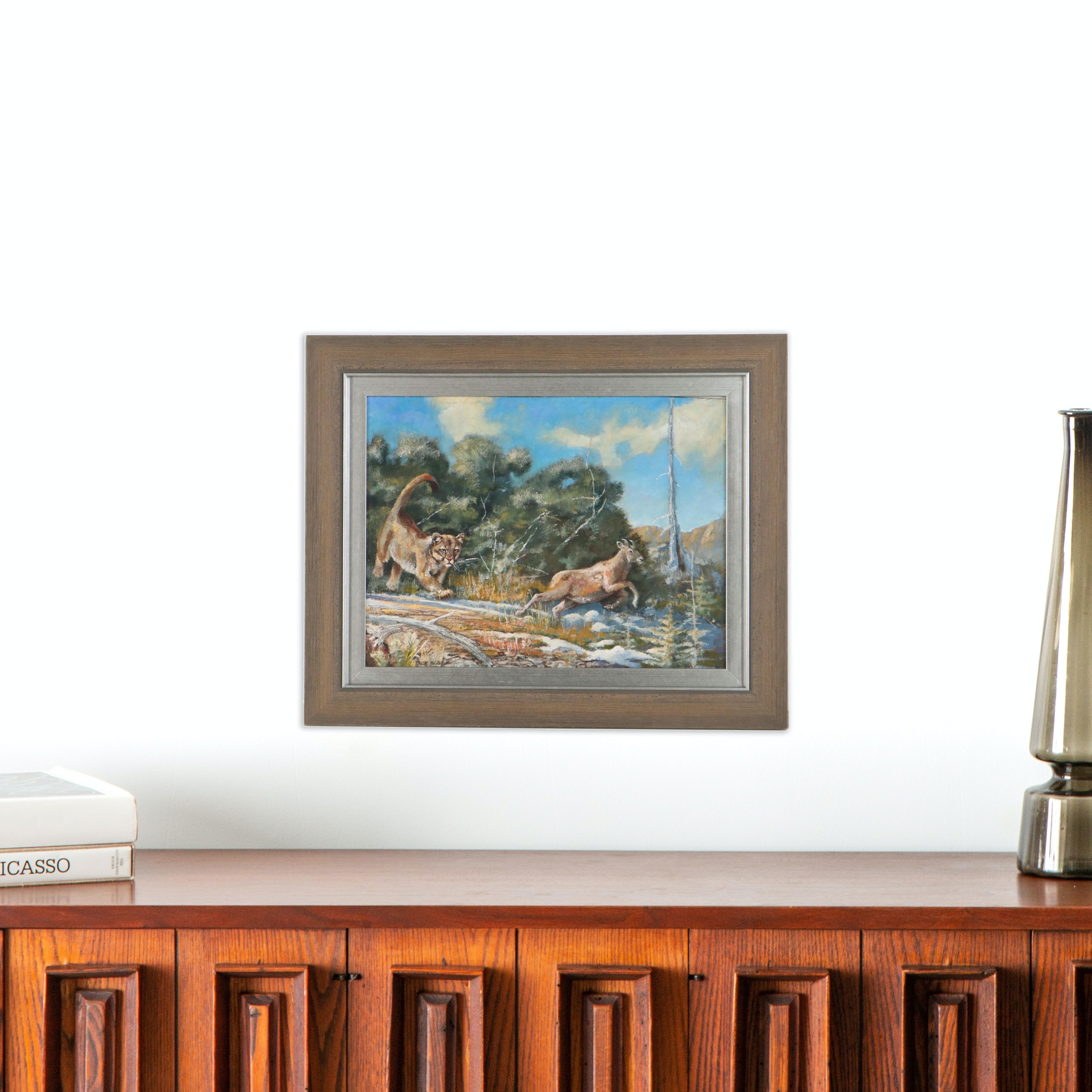 Bob Kuhn Wildlife Oil Painting of Mountain Lion Chasing Sheep, Late 20th Century