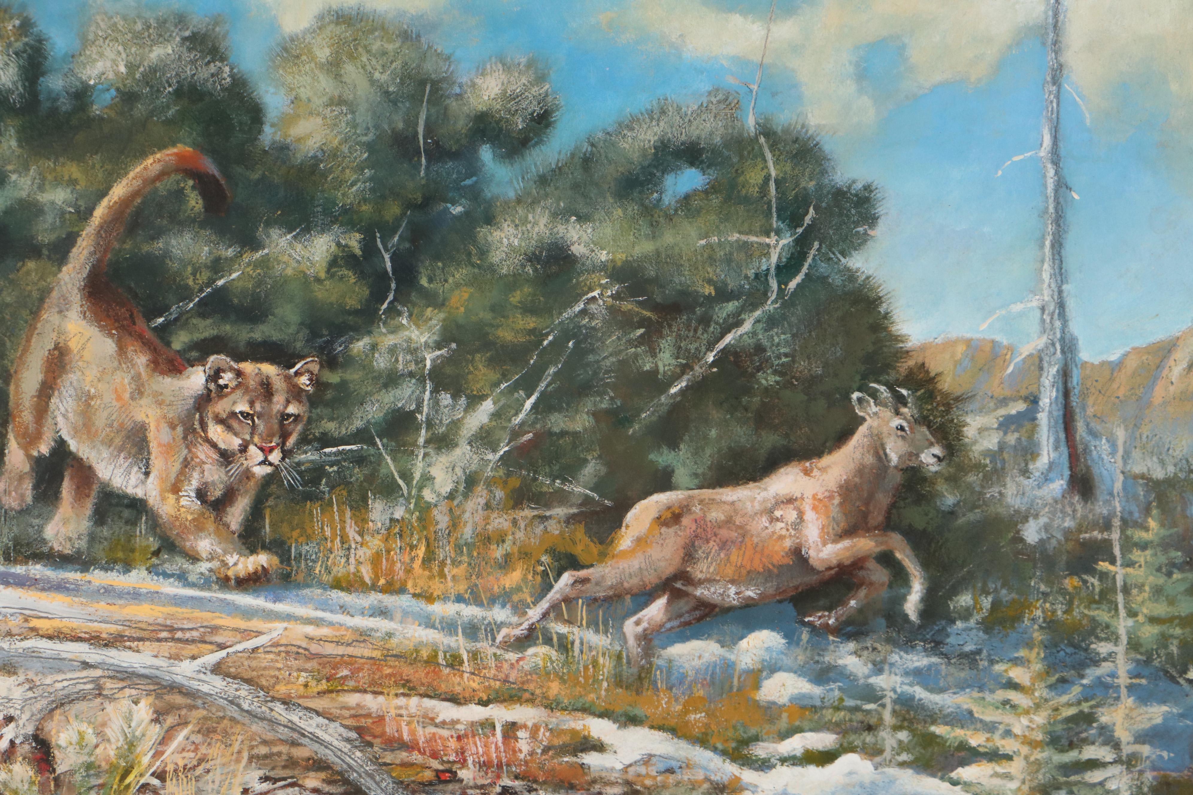 Bob Kuhn Wildlife Oil Painting of Mountain Lion Chasing Sheep, Late 20th Century