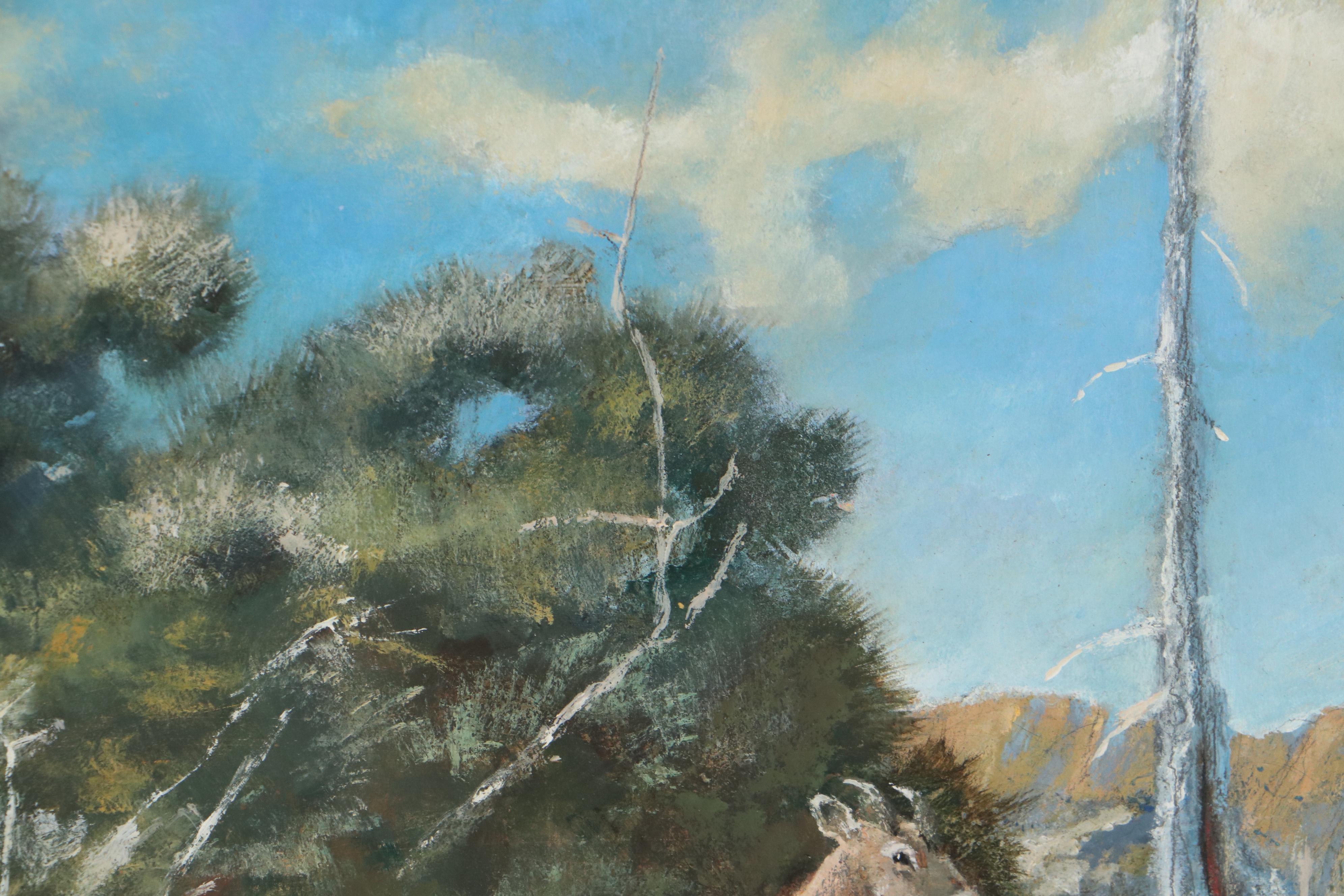 Bob Kuhn Wildlife Oil Painting of Mountain Lion Chasing Sheep, Late 20th Century