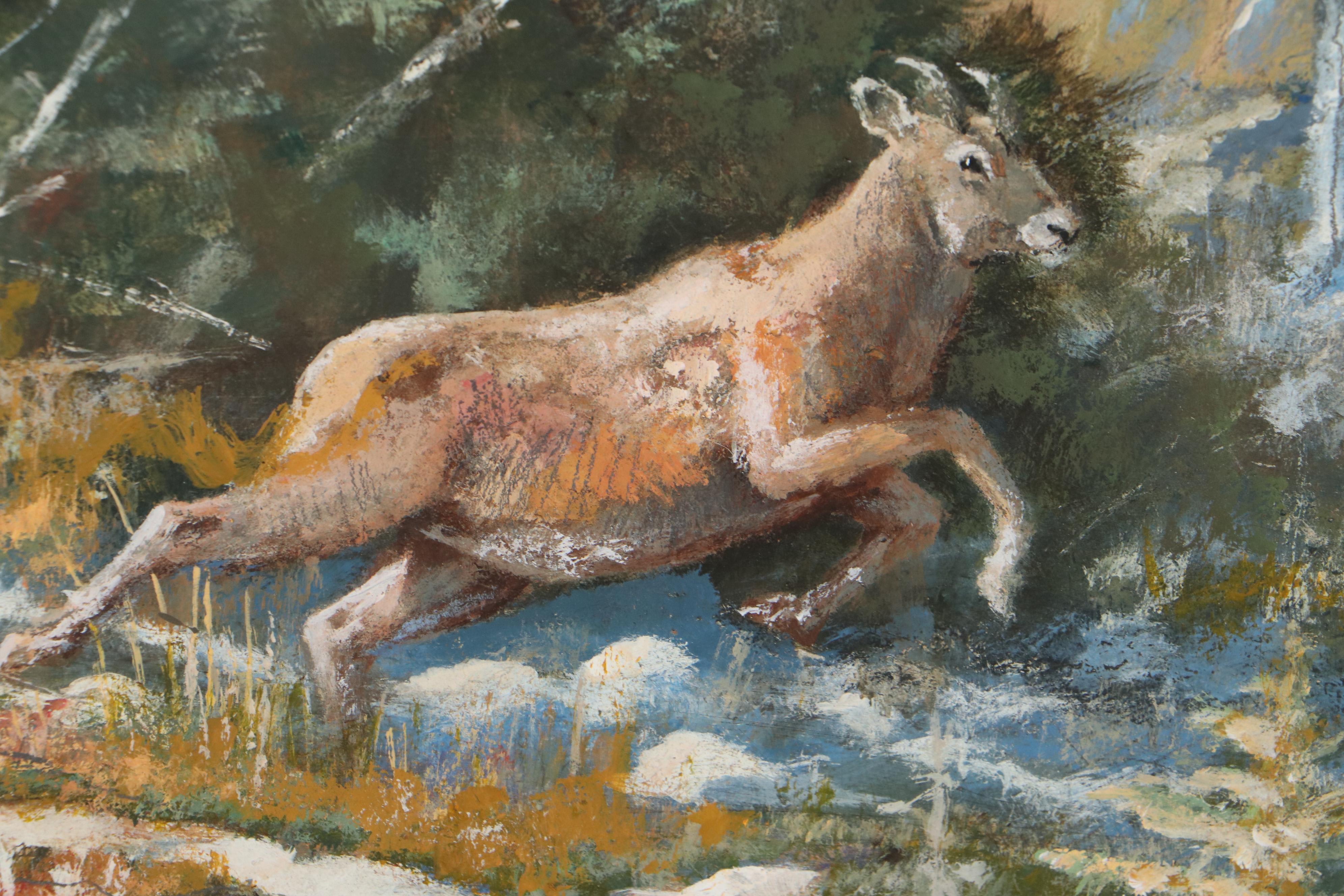 Bob Kuhn Wildlife Oil Painting of Mountain Lion Chasing Sheep, Late 20th Century