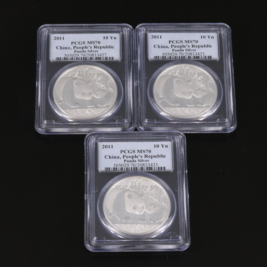 Three PCGS Graded MS70 2011 China Panda 10 Yuan Silver Coins