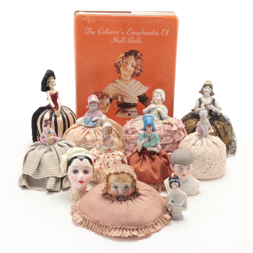 Porcelain Half Doll Jar Covers and Pin Cushions with Other Busts and Book