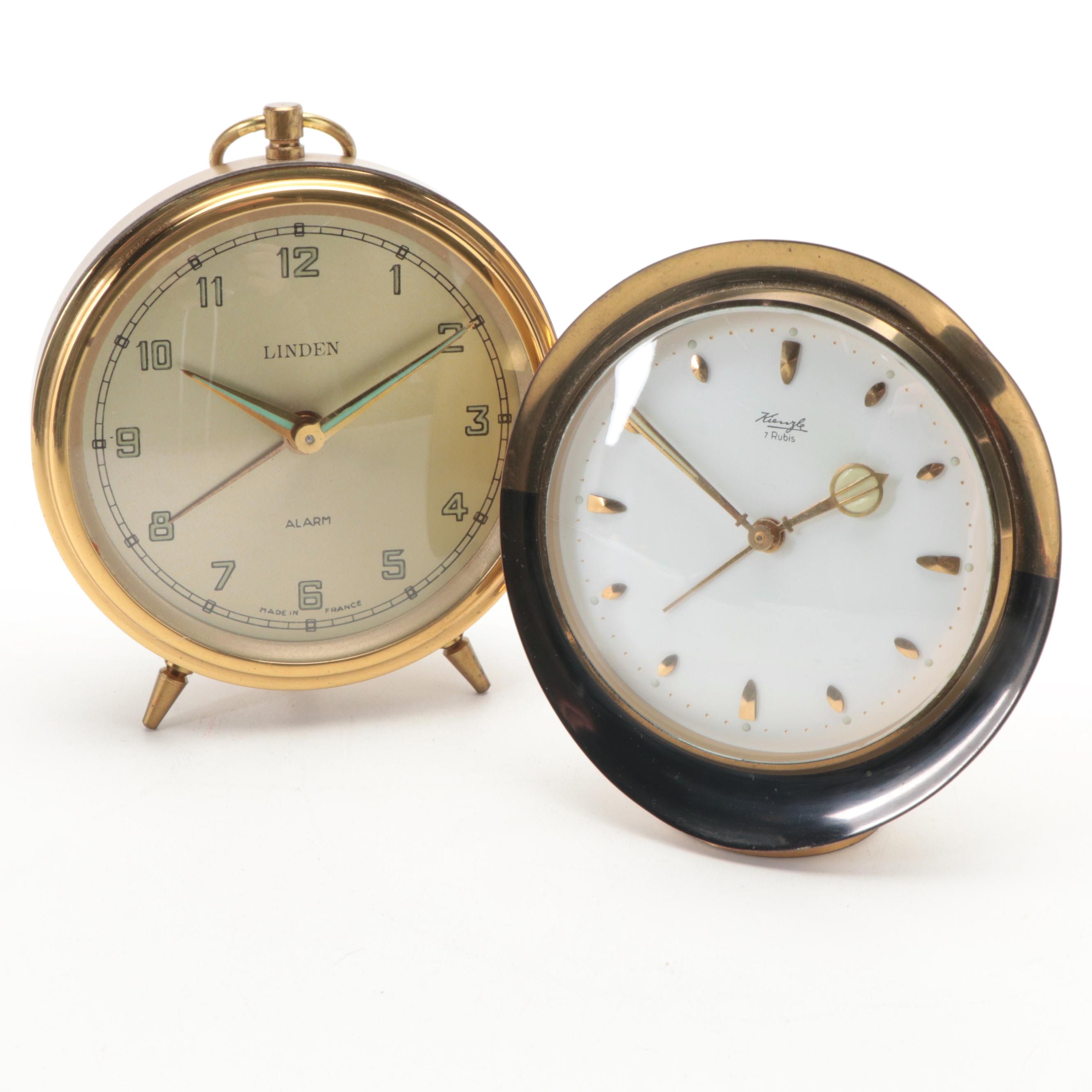 Linden and Kienzle Art Deco Style Brass Alarm Clocks