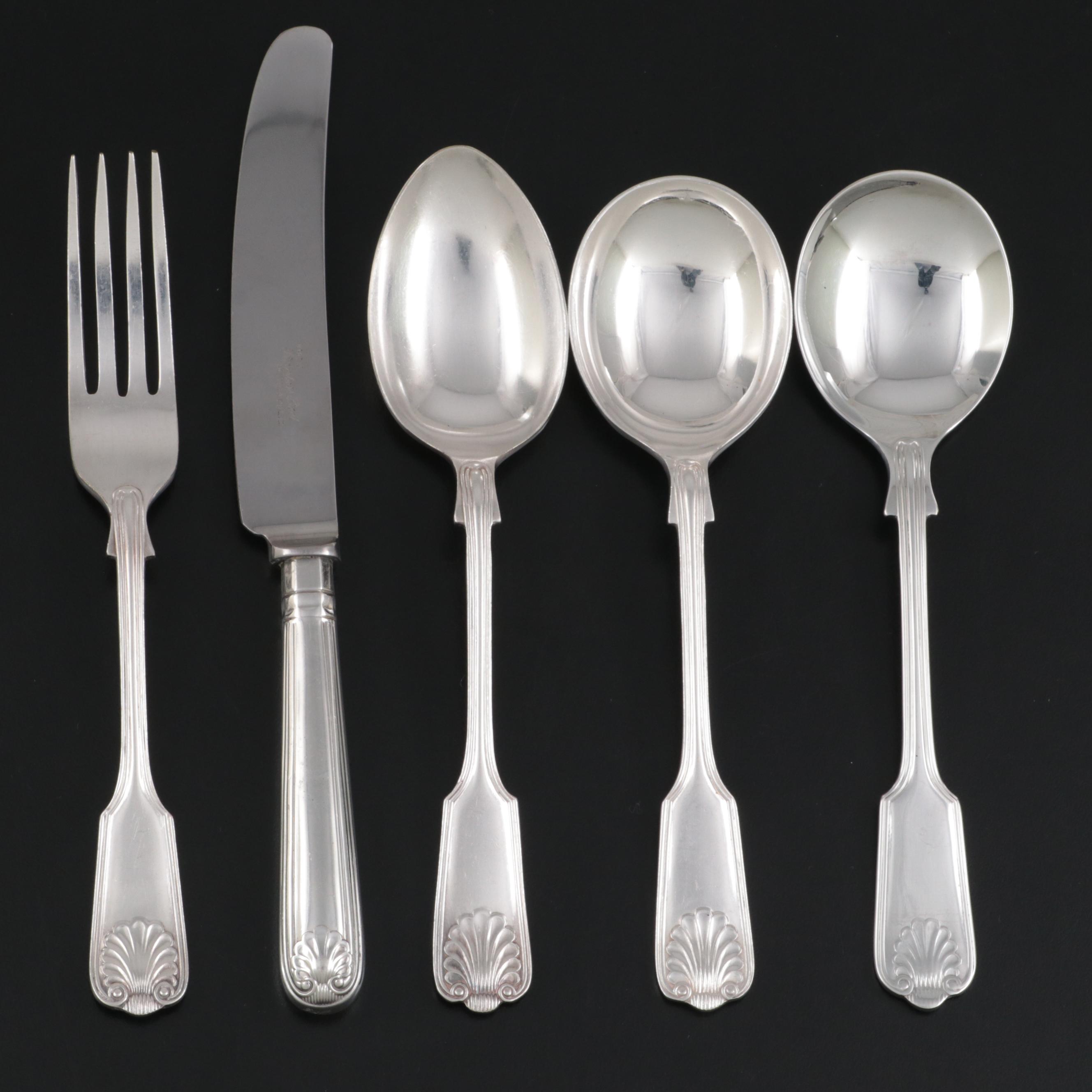 K. Bright Sheffield Silver Plate Thread and Shell Utensils, 20th Century