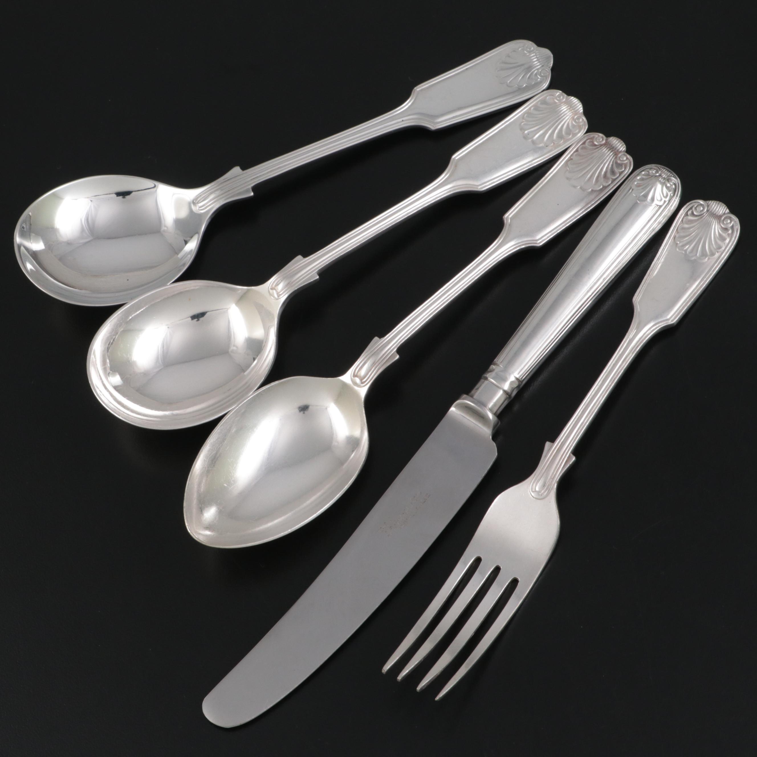 K. Bright Sheffield Silver Plate Thread and Shell Utensils, 20th Century