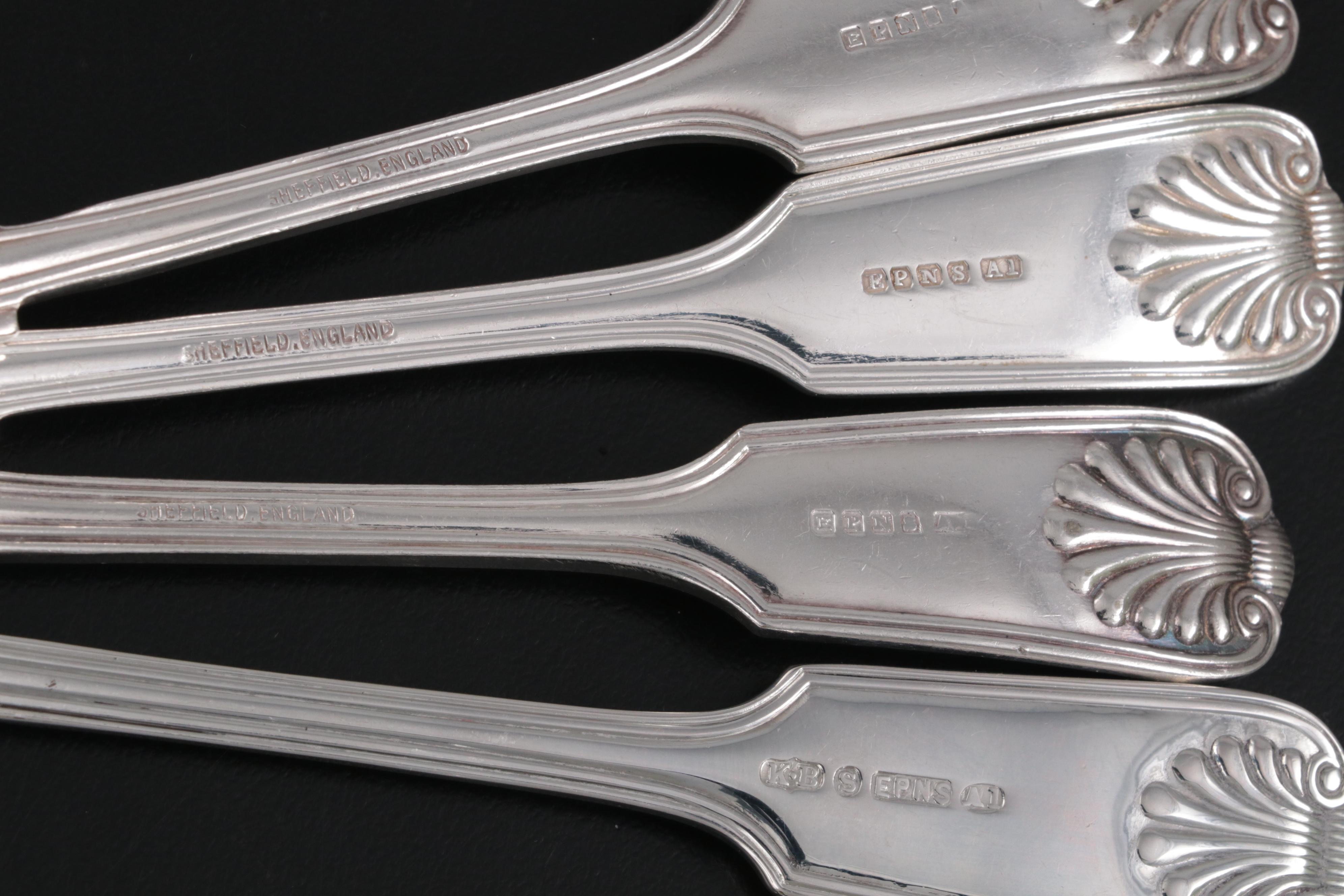 K. Bright Sheffield Silver Plate Thread and Shell Utensils, 20th Century