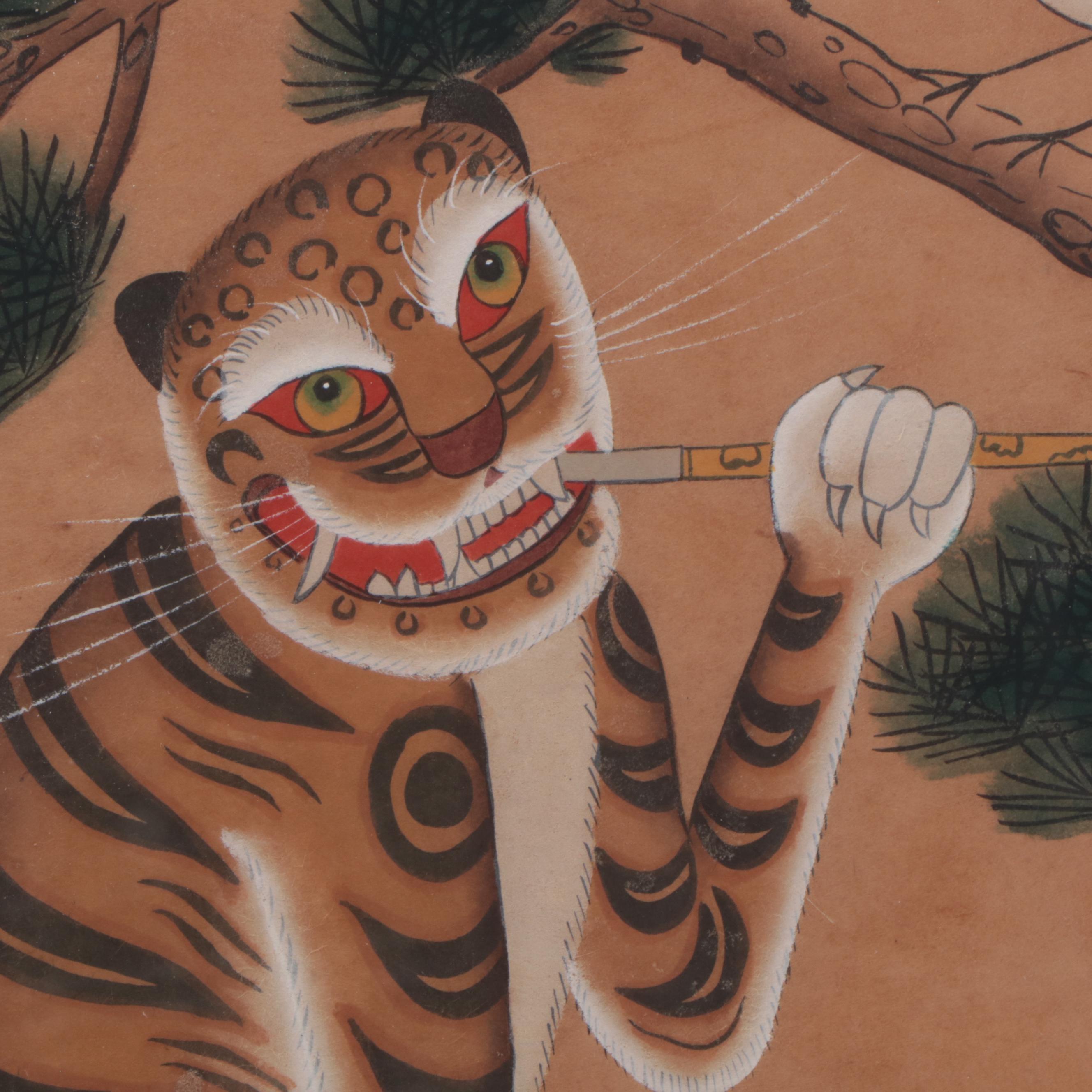Korean Minhwa Hojakdo Watercolor Painting of Tiger and Magpie