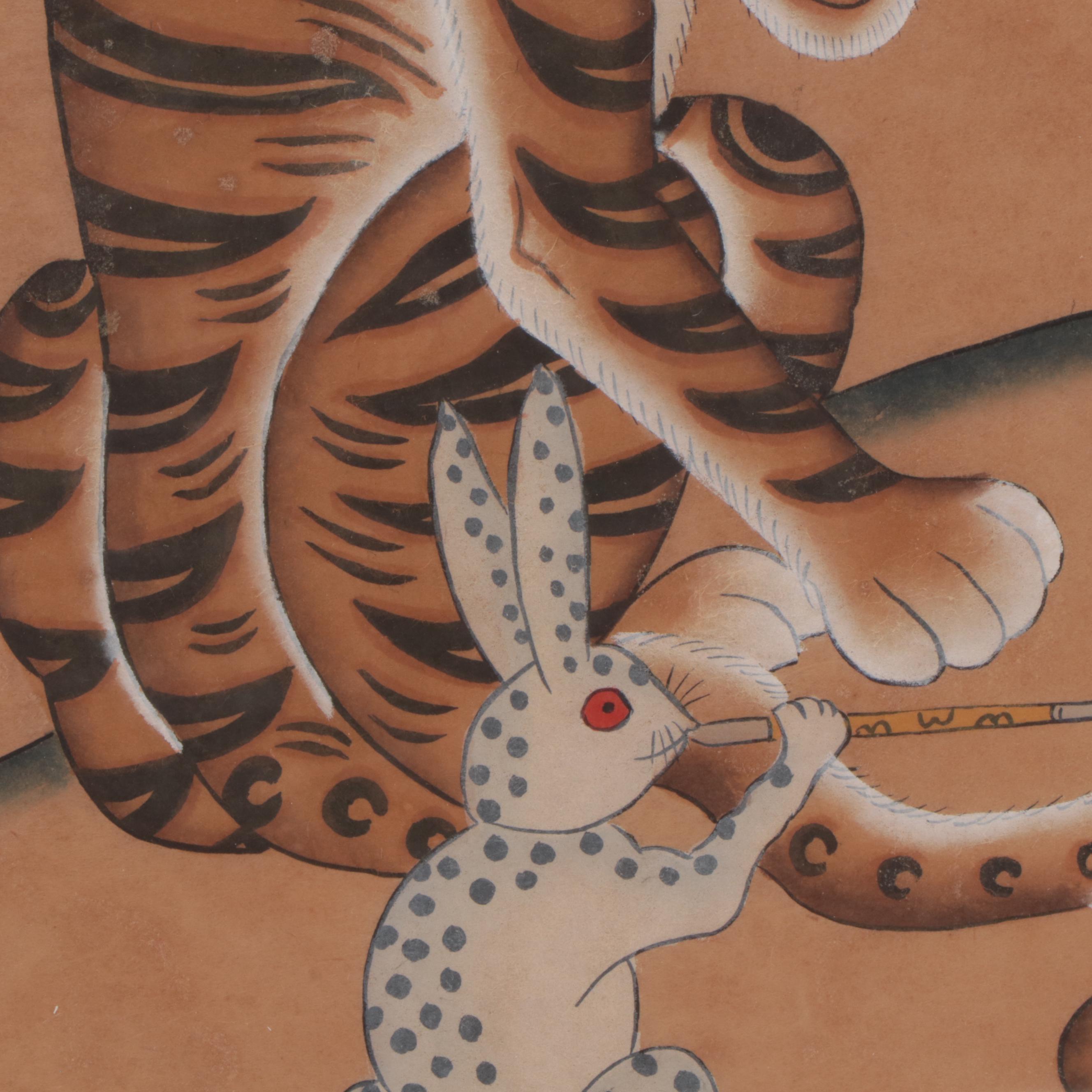 Korean Minhwa Hojakdo Watercolor Painting of Tiger and Magpie