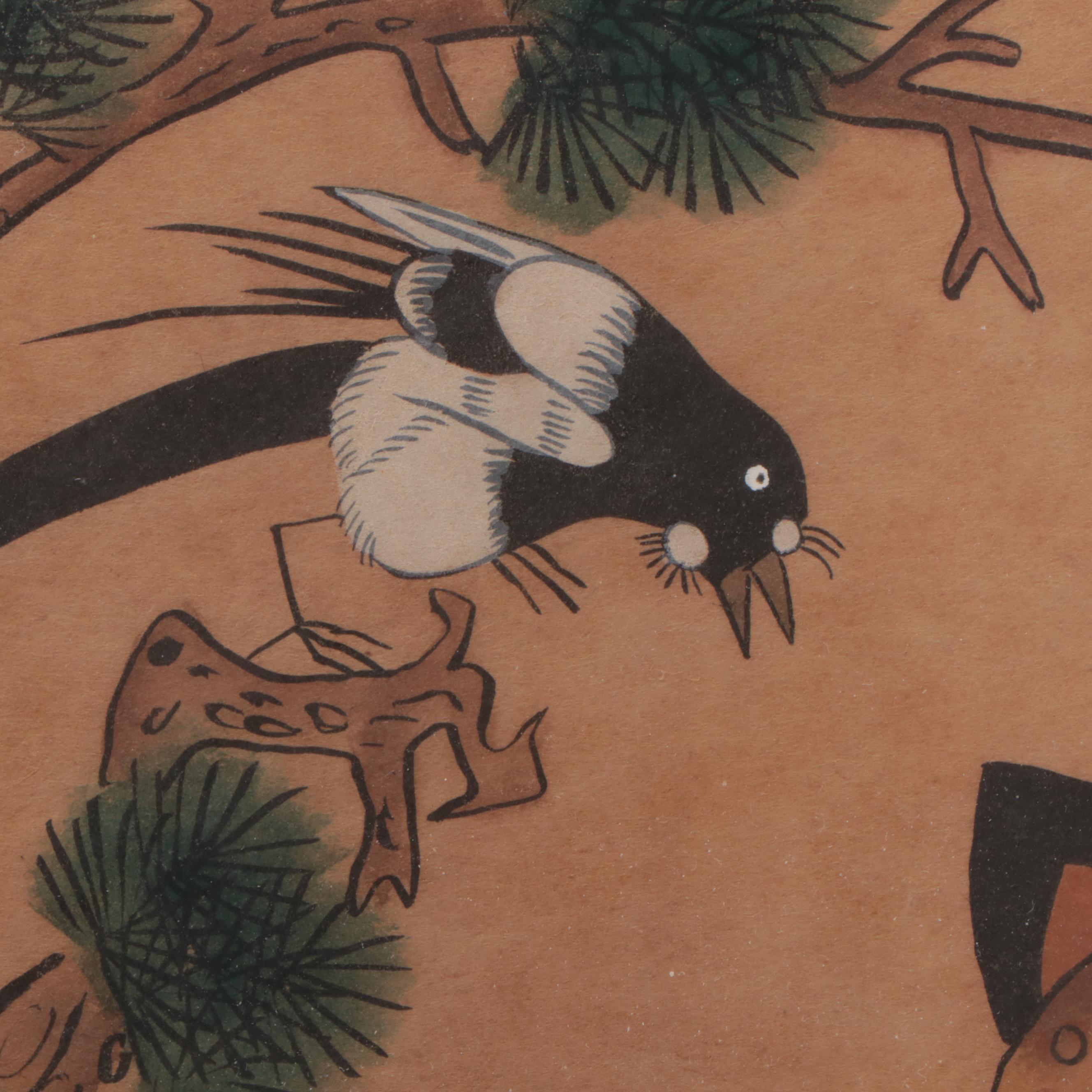 Korean Minhwa Hojakdo Watercolor Painting of Tiger and Magpie