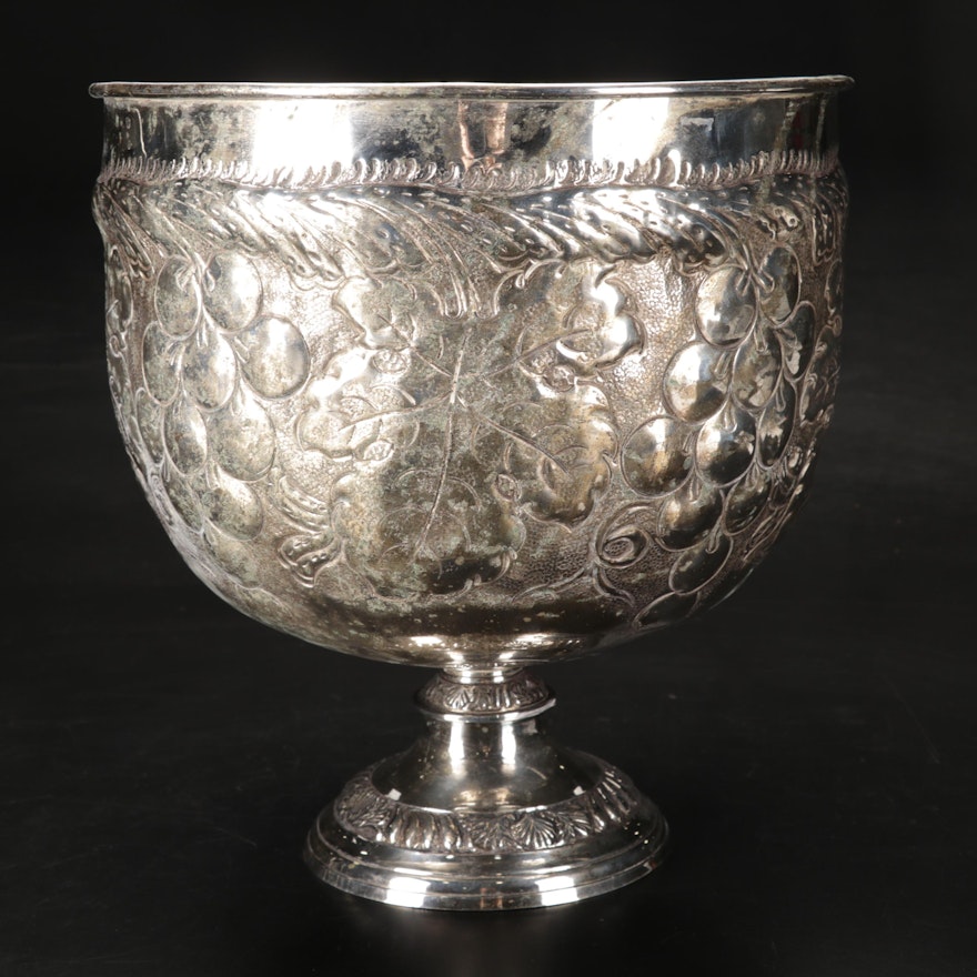 Repoussé Silver Plate Grape Vine Pedestal Wine Cooler, Mid-Late 20th Century