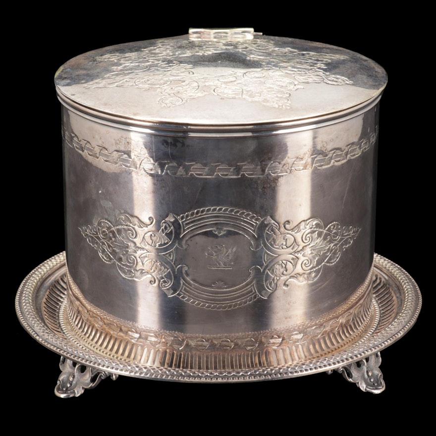 Atkin Brothers English Silver Plate Biscuit Box with Engraved Heraldic Crest