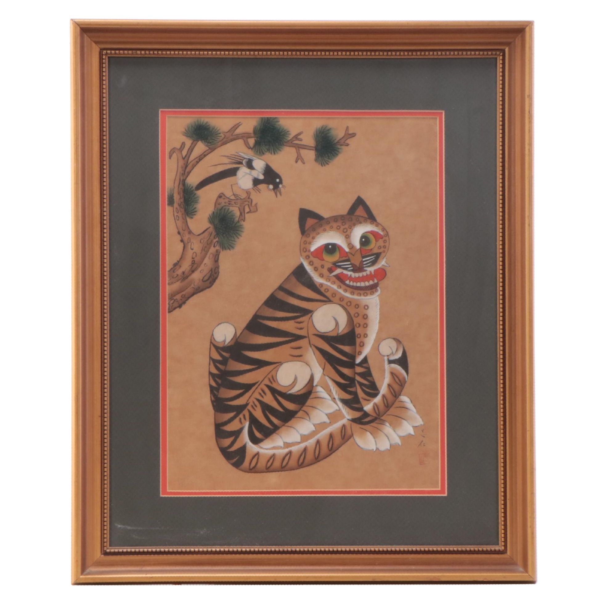 Korean Minhwa Hojakdo Watercolor Painting of Tiger and Magpie