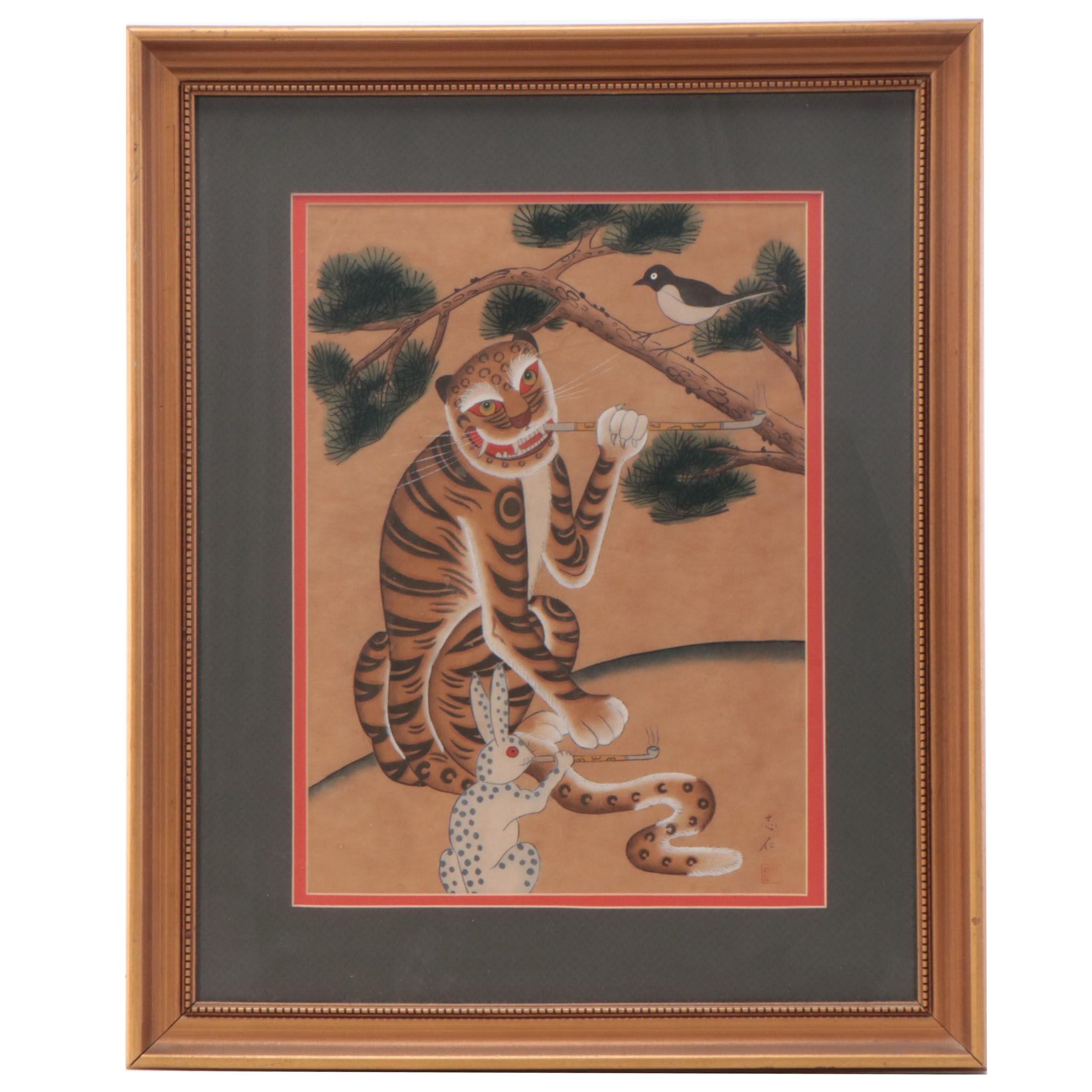 Korean Minhwa Hojakdo Watercolor Painting of Tiger and Magpie