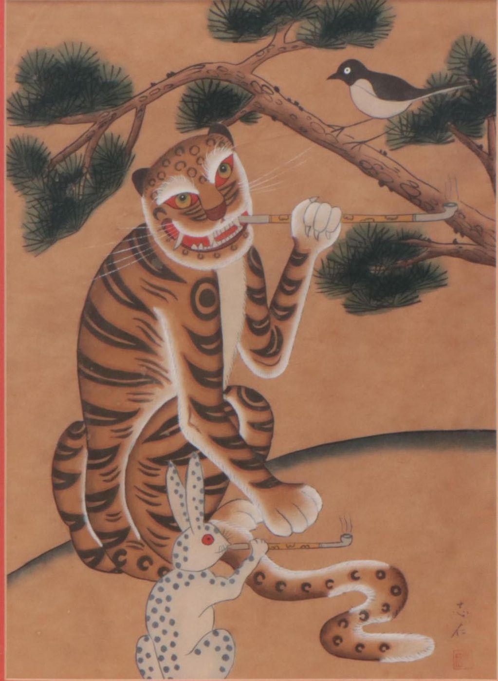 Korean Minhwa Hojakdo Watercolor Painting of Tiger and Magpie