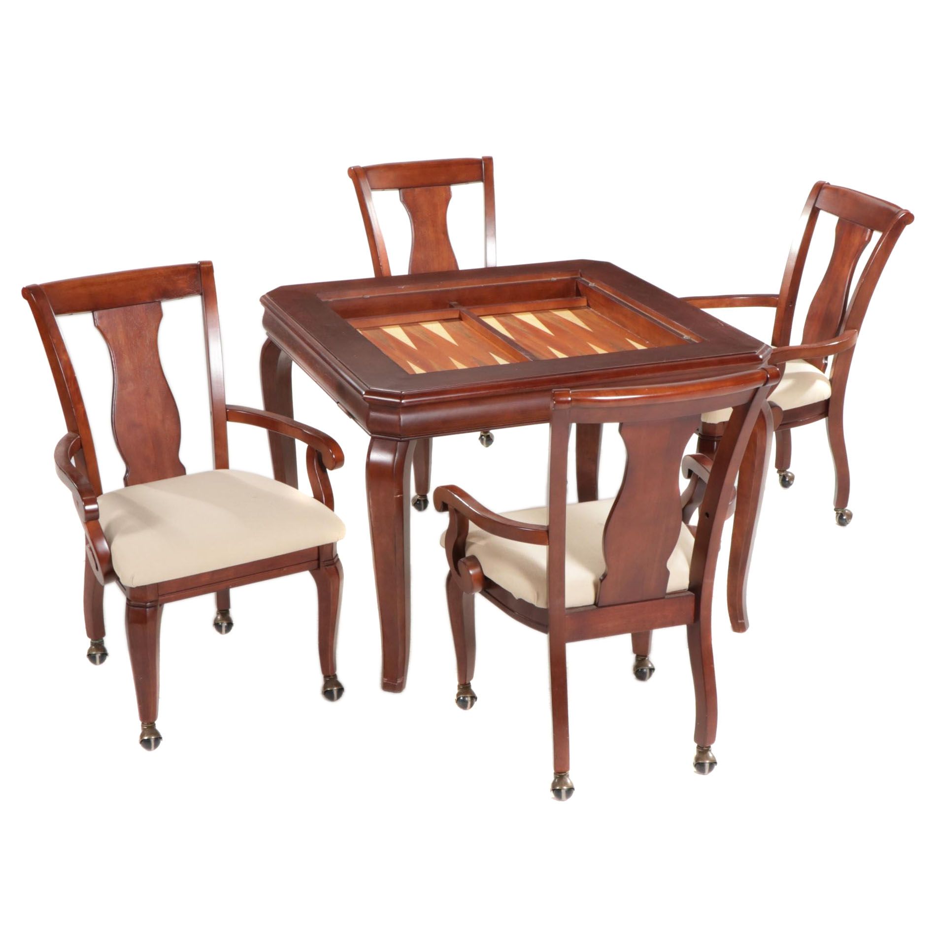 Cherry Multi-Board Games Table with Four Rolling Armchairs