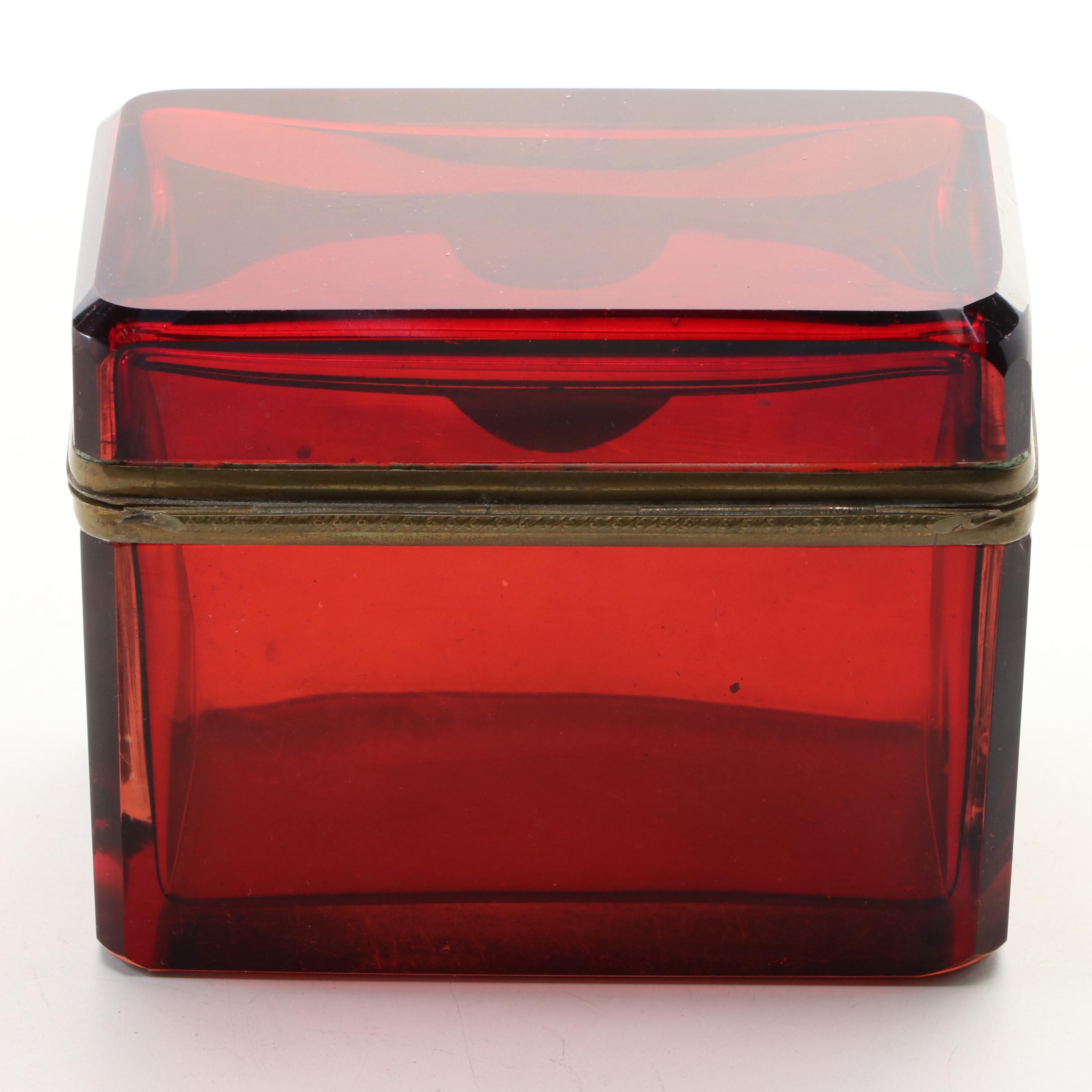 Ruby Glass and Brass Casket Box, Early 20th Century