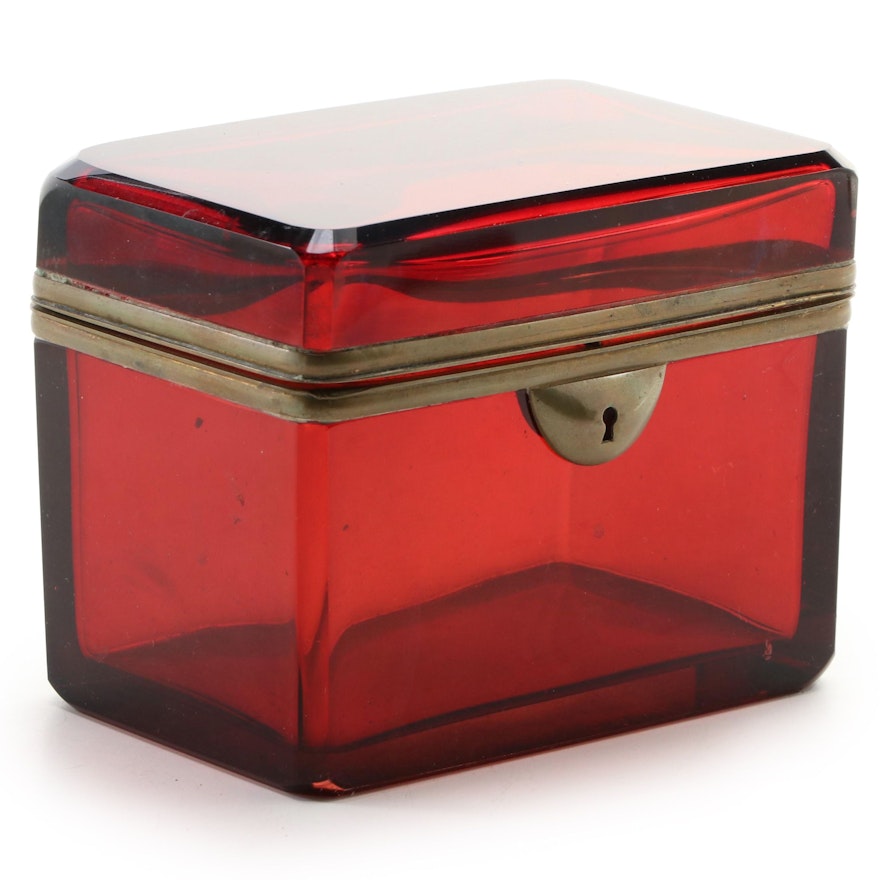 Ruby Glass and Brass Casket Box, Early 20th Century
