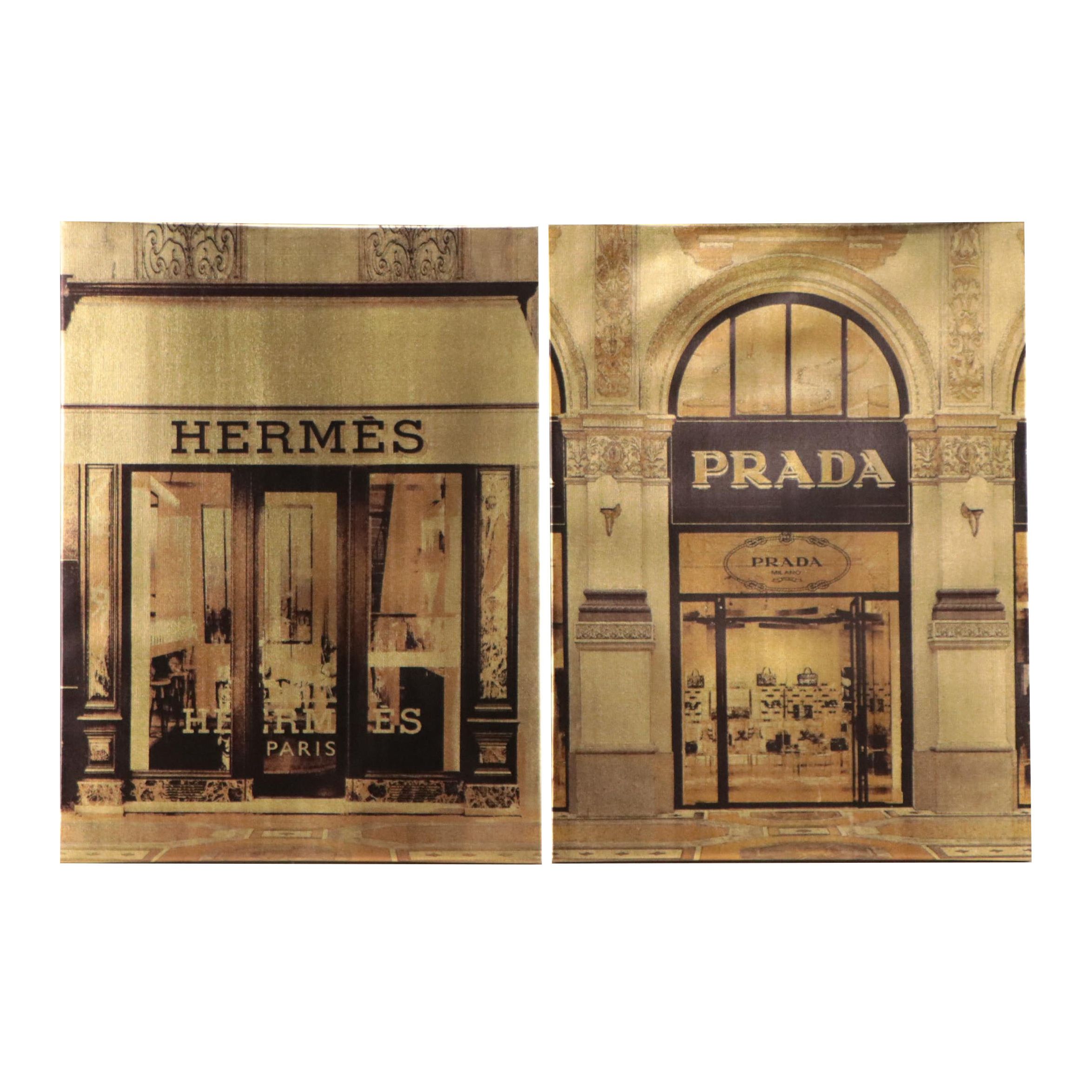 Metallic Ink Giclées of Hermès and Prada Storefronts