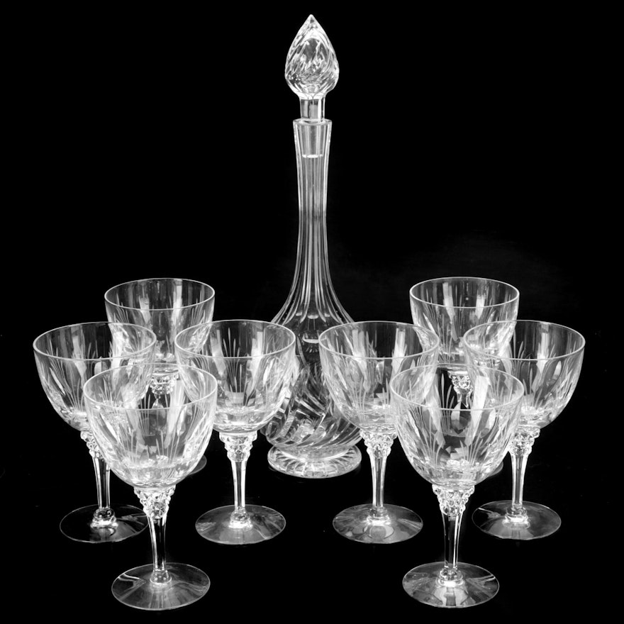 Stuart Crystal "Salisbury" Cut Crystal Decanter with Other Crystal Wine Glasses